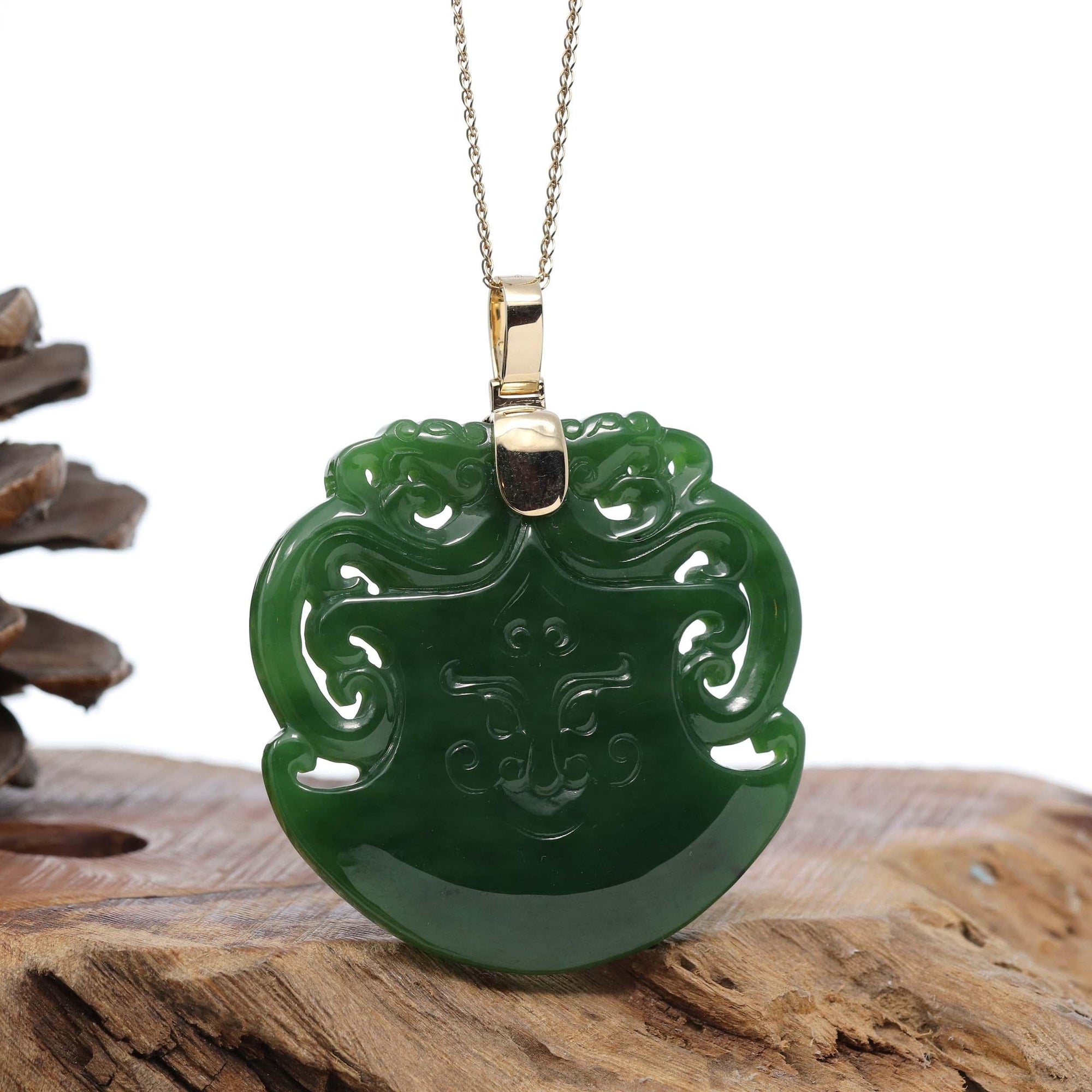 Baikalla Jewelry Gold Jade Buddha Baikalla™ &quot;Dragon &amp; Ax&quot; Large 14k Yellow Gold Genuine Apple Green Nephrite Jade Pendant Necklace High-end Collectable