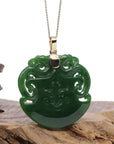 Baikalla Jewelry Gold Jade Buddha Baikalla™ "Dragon & Ax" Large 14k Yellow Gold Genuine Apple Green Nephrite Jade Pendant Necklace High-end Collectable