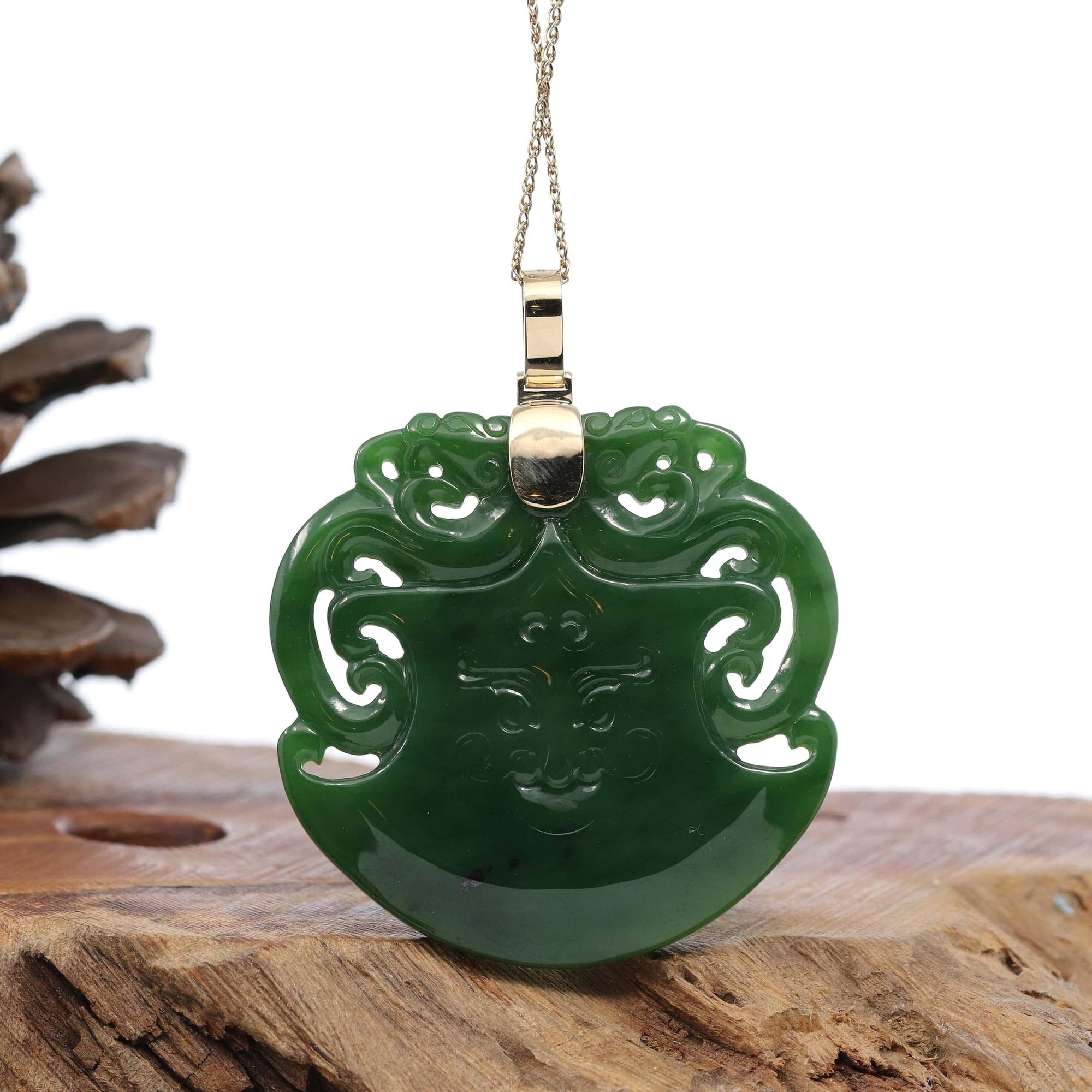 Baikalla Jewelry Gold Jade Buddha Baikalla™ &quot;Dragon &amp; Ax&quot; Large 14k Yellow Gold Genuine Apple Green Nephrite Jade Pendant Necklace High-end Collectable