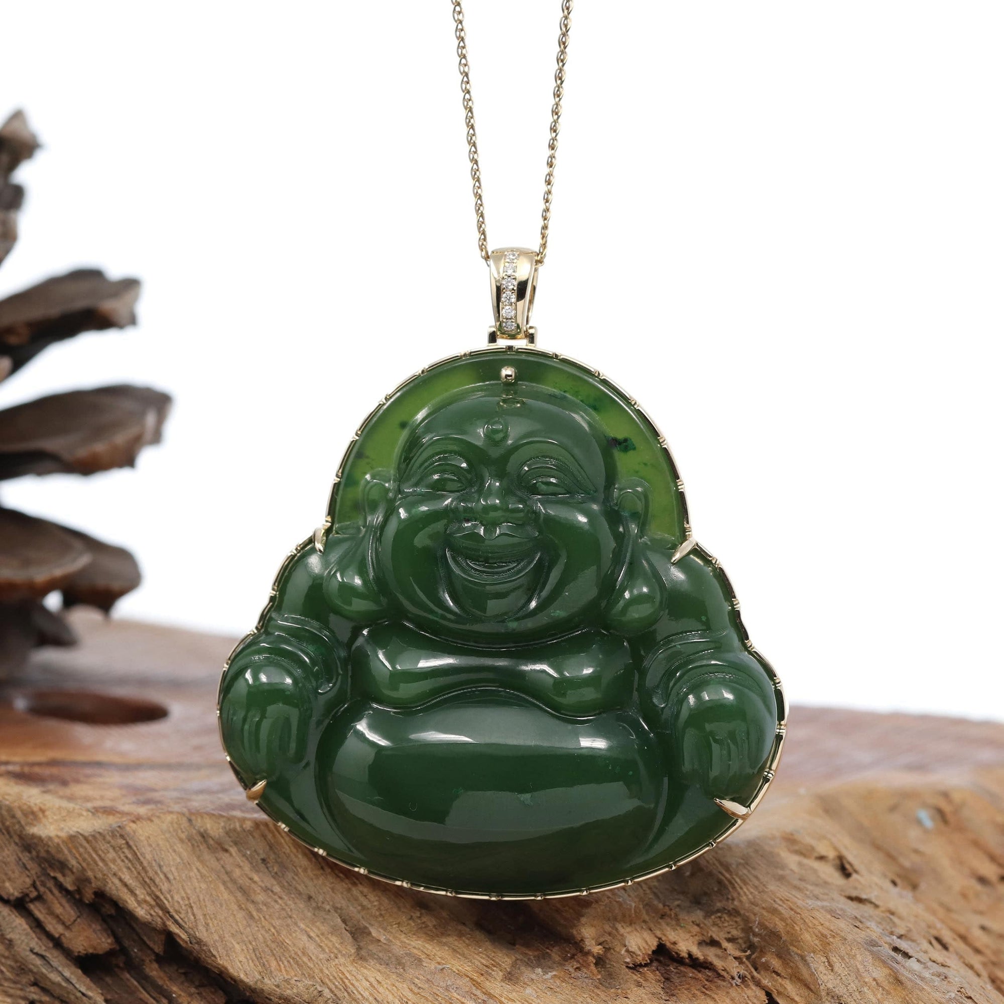 Baikalla Jewelry Gold Jade Buddha Baikalla™ "Laughing Buddha" Large 14k Yellow Gold Genuine Nephrite Green Jade with Diamonds Buddha Pendant Necklace High-end Collectable