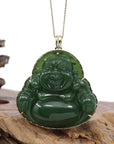 Baikalla Jewelry Gold Jade Buddha Baikalla™ "Laughing Buddha" Large 14k Yellow Gold Genuine Nephrite Green Jade with Diamonds Buddha Pendant Necklace High-end Collectable