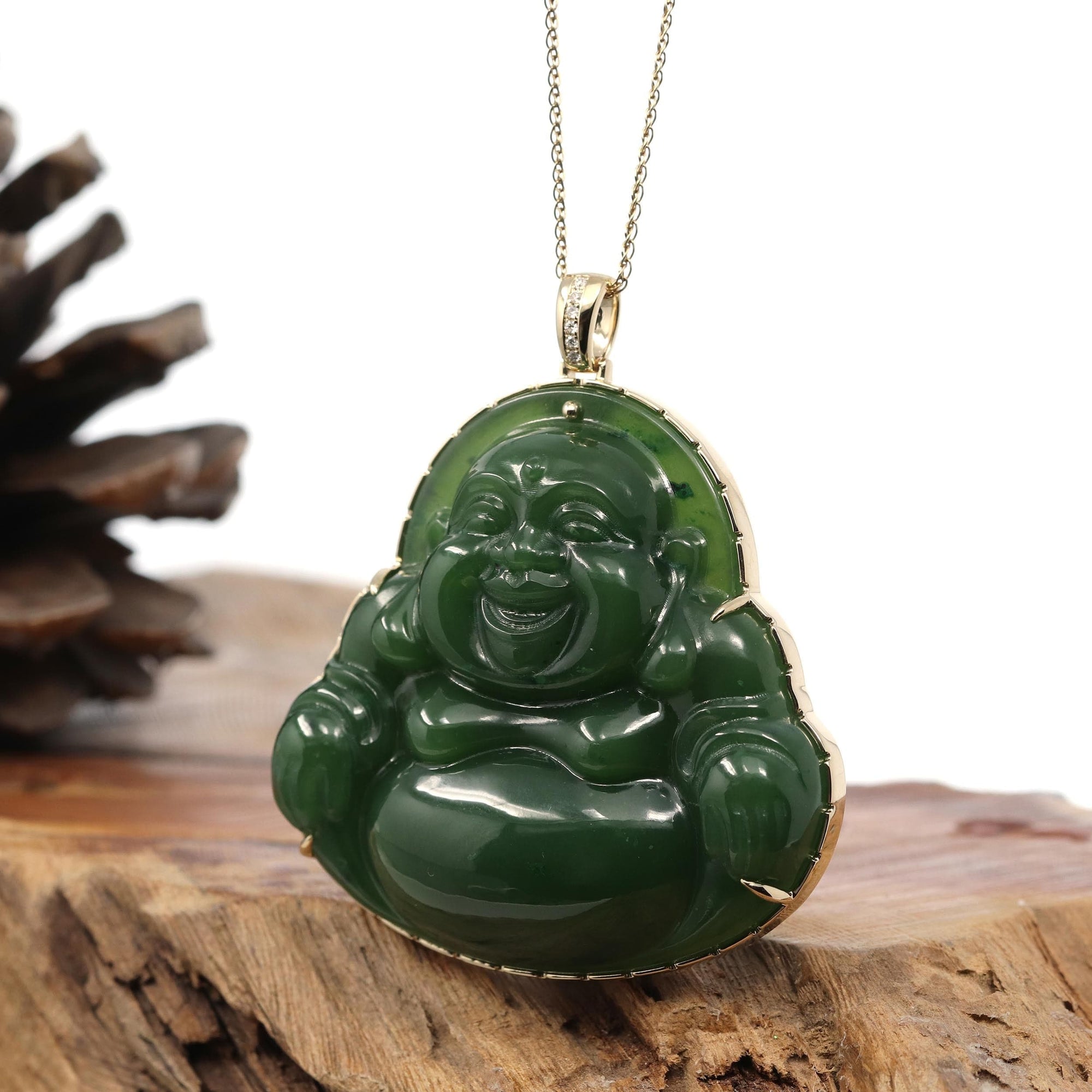 Baikalla Jewelry Gold Jade Buddha Baikalla™ "Laughing Buddha" Large 14k Yellow Gold Genuine Nephrite Green Jade with Diamonds Buddha Pendant Necklace High-end Collectable