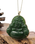 Baikalla Jewelry Gold Jade Buddha Baikalla™ "Laughing Buddha" Large 14k Yellow Gold Genuine Nephrite Green Jade with Diamonds Buddha Pendant Necklace High-end Collectable