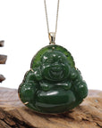 Baikalla Jewelry Gold Jade Buddha Baikalla™ "Laughing Buddha" Large 14k Yellow Gold Genuine Nephrite Green Jade with Diamonds Buddha Pendant Necklace High-end Collectable