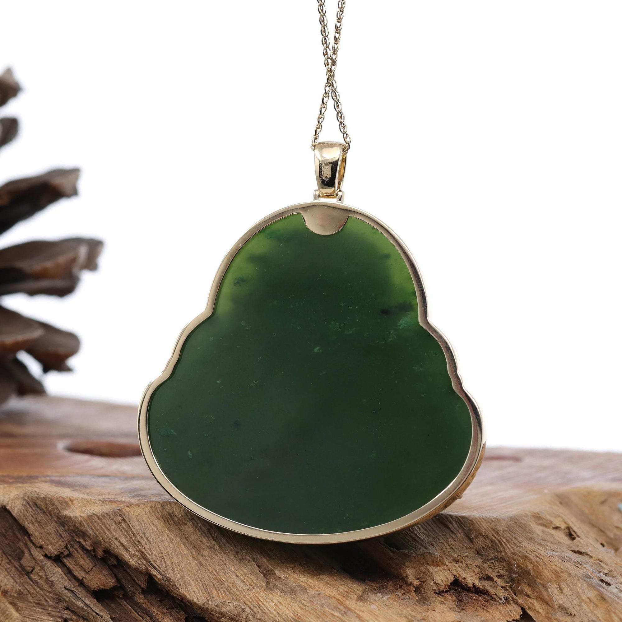 Baikalla Jewelry Gold Jade Buddha Baikalla™ "Laughing Buddha" Large 14k Yellow Gold Genuine Nephrite Green Jade with Diamonds Buddha Pendant Necklace High-end Collectable