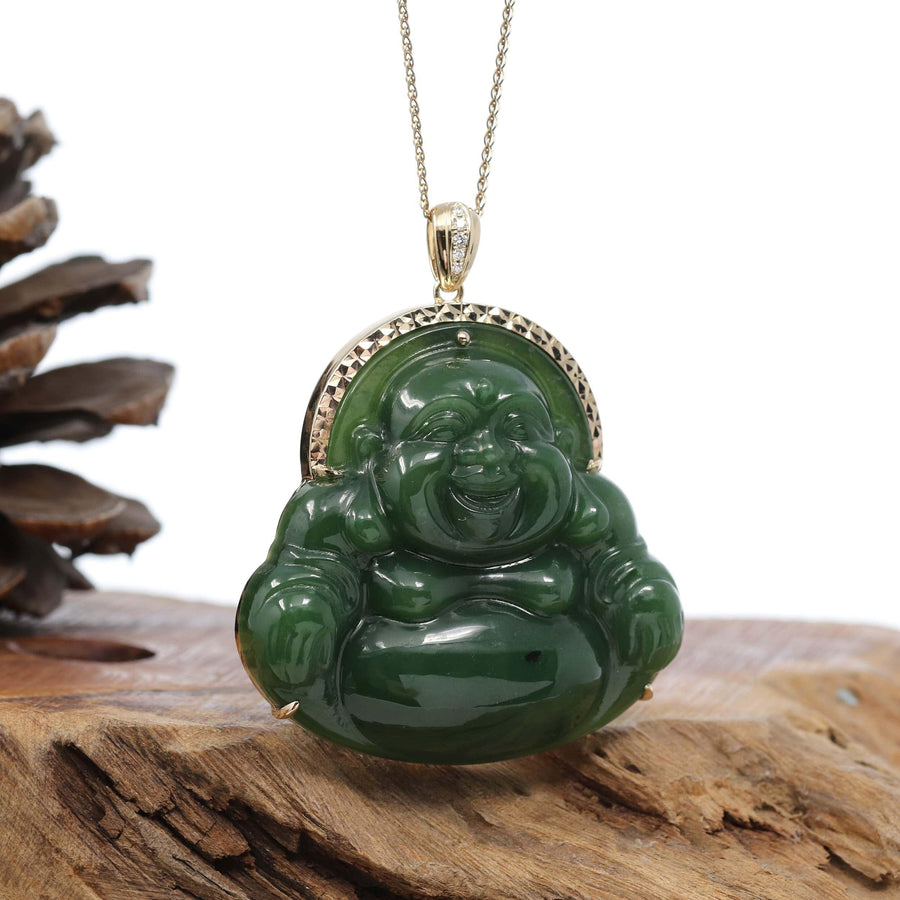 Baikalla Jewelry Gold Jade Buddha Baikalla™ "Laughing Buddha" Large 14k Yellow Gold Genuine Nephrite Green Jade with Diamonds Buddha Pendant Necklace High-end Collectable (Copy)