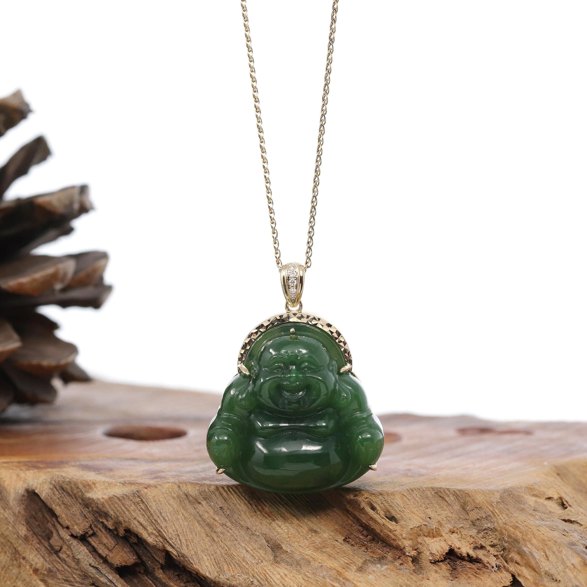 Baikalla Jewelry Gold Jade Buddha Baikalla™ "Laughing Buddha" 14k Yellow Gold Genuine Nephrite Green Jade with Diamonds Buddha Pendant Necklace High-end Collectable