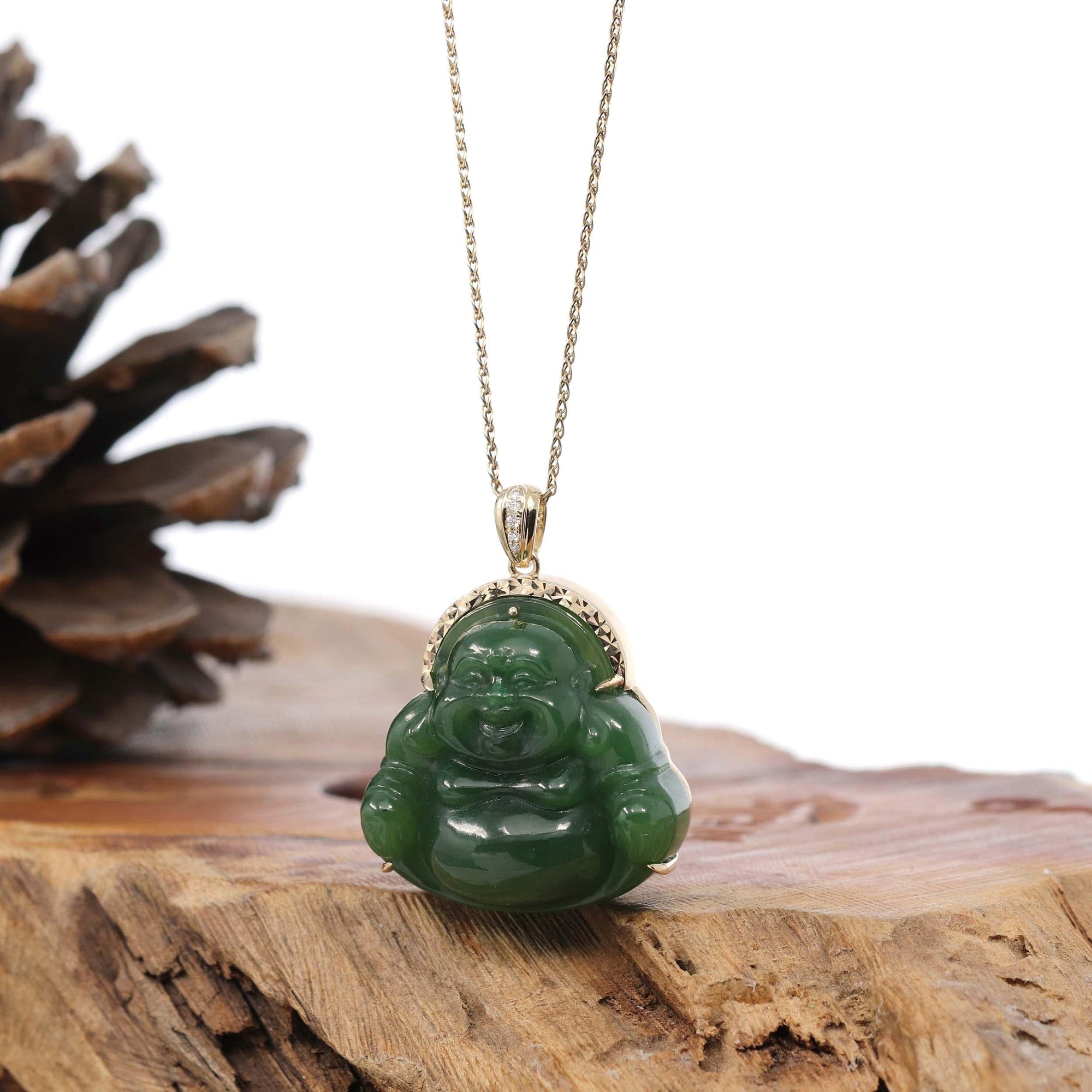 Baikalla Jewelry Gold Jade Buddha Baikalla™ &quot;Laughing Buddha&quot; 14k Yellow Gold Genuine Nephrite Green Jade with Diamonds Buddha Pendant Necklace High-end Collectable