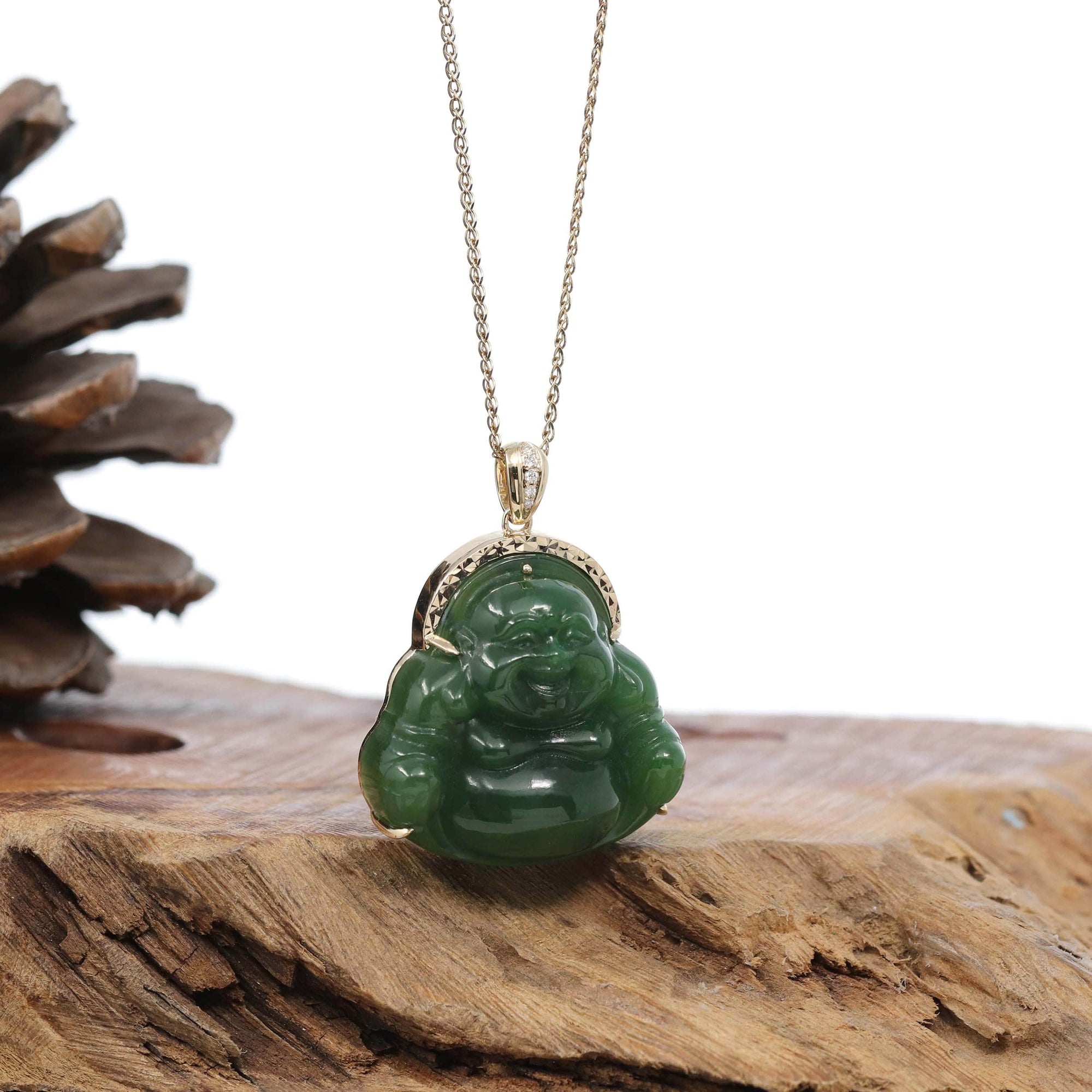 Baikalla Jewelry Gold Jade Buddha Baikalla™ &quot;Laughing Buddha&quot; 14k Yellow Gold Genuine Nephrite Green Jade with Diamonds Buddha Pendant Necklace High-end Collectable