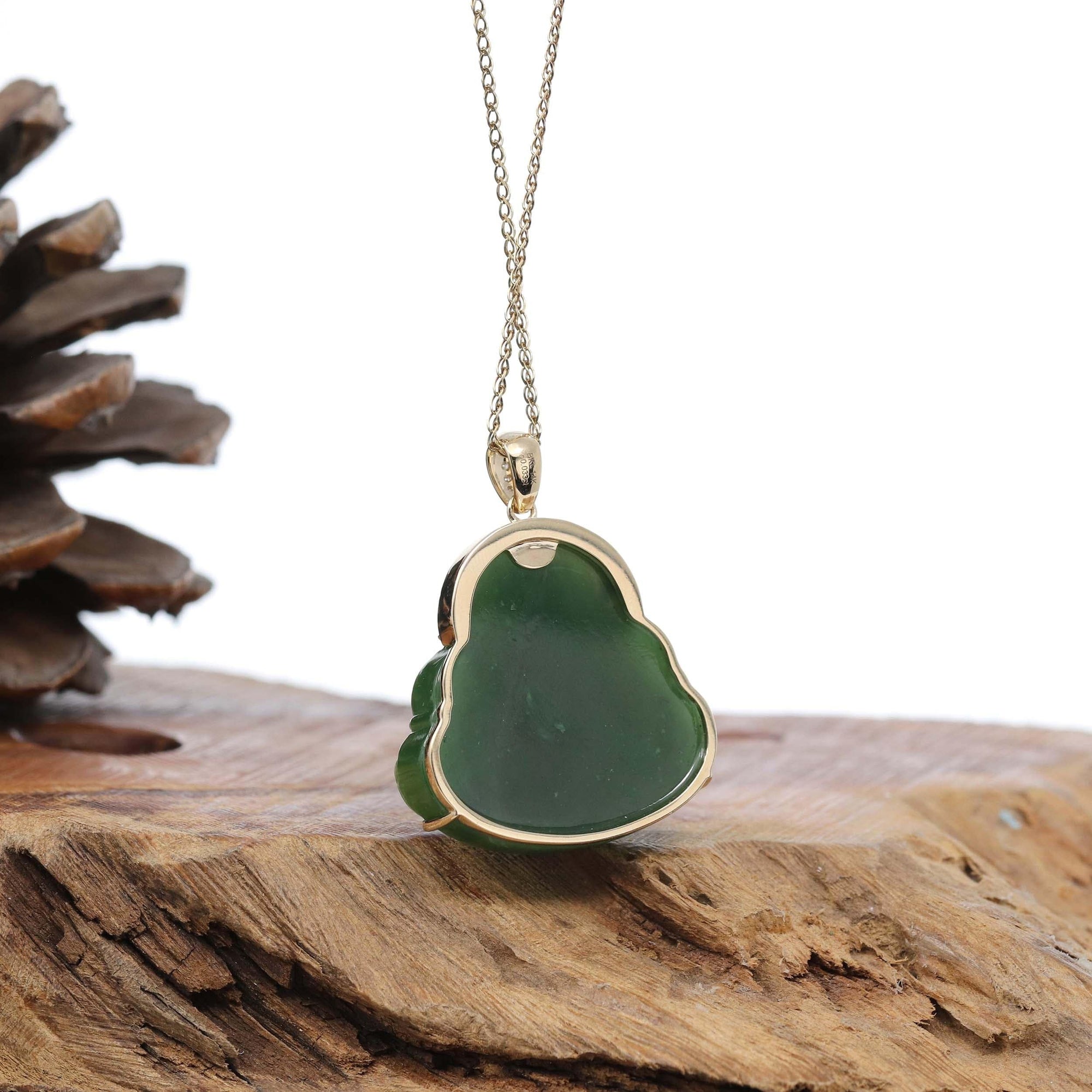 Baikalla Jewelry Gold Jade Buddha Baikalla™ &quot;Laughing Buddha&quot; 14k Yellow Gold Genuine Nephrite Green Jade with Diamonds Buddha Pendant Necklace High-end Collectable