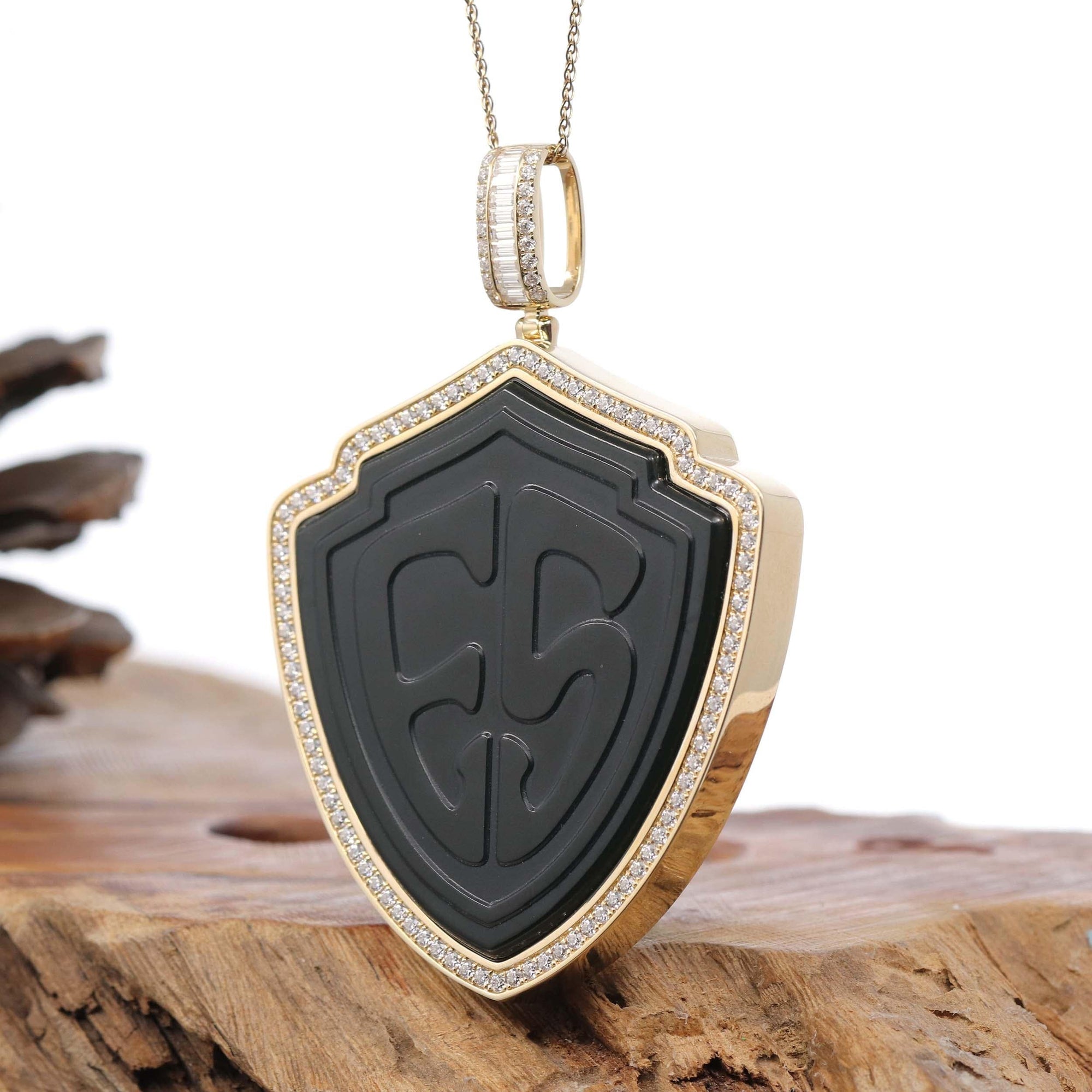 Baikalla Jewelry Gold Jade Buddha Baikalla™ "Special Pattern" Large 14k Yellow Gold Genuine Black Nephrite Jade & VVS1 DEF Moissanite  Pendant Necklace High-end Collectable