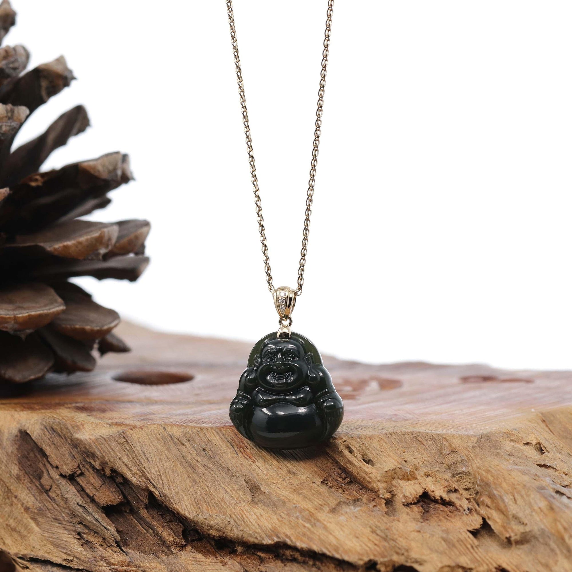 Baikalla Jewelry Gold Jade Pendant Genuine Nephrite Black Jade Buddha Pendant Necklace with 14k Gold bail