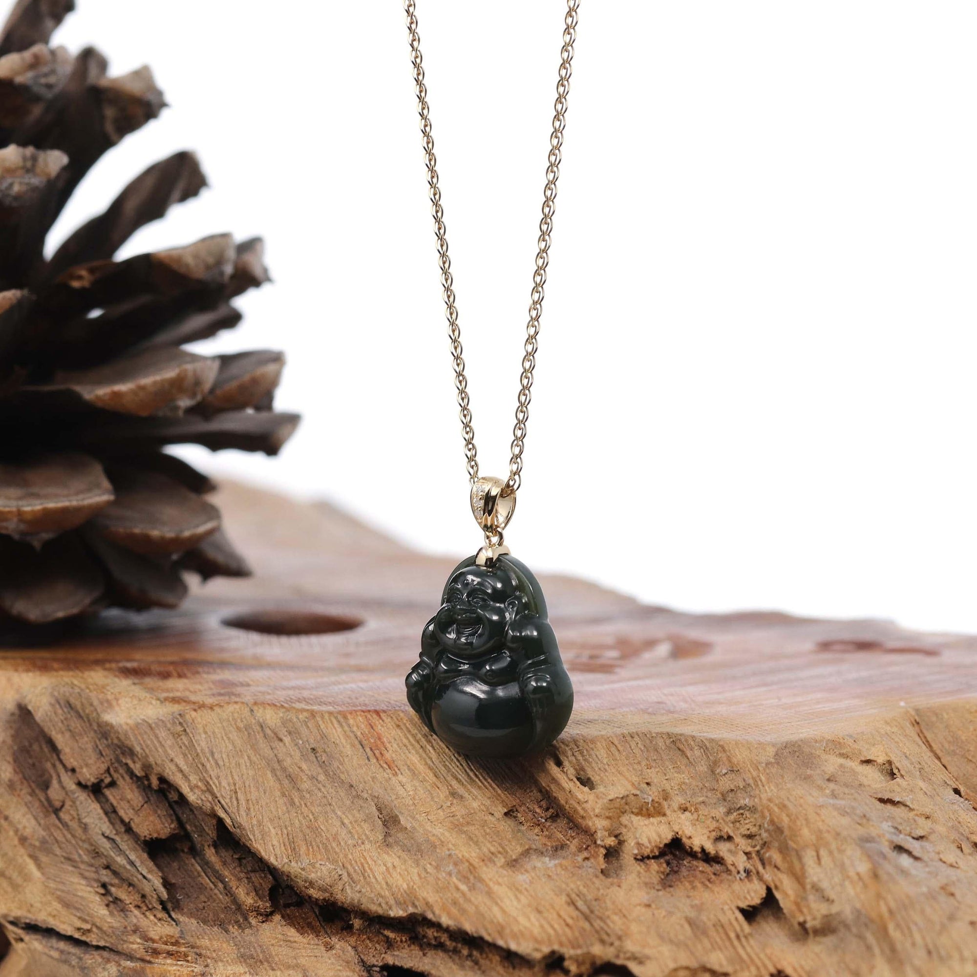 Baikalla Jewelry Gold Jade Pendant Genuine Nephrite Black Jade Buddha Pendant Necklace with 14k Gold bail