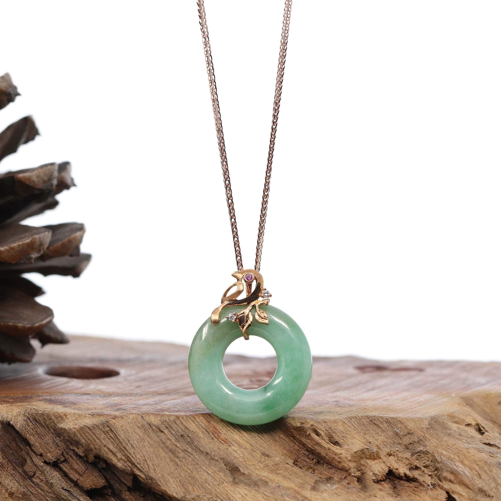 Baikalla Jewelry 18k Gold Jadeite Necklace 18k Rose Gold Genuine Burmese Jadeite Lucky Kou Kou Birdie Pendant Necklace