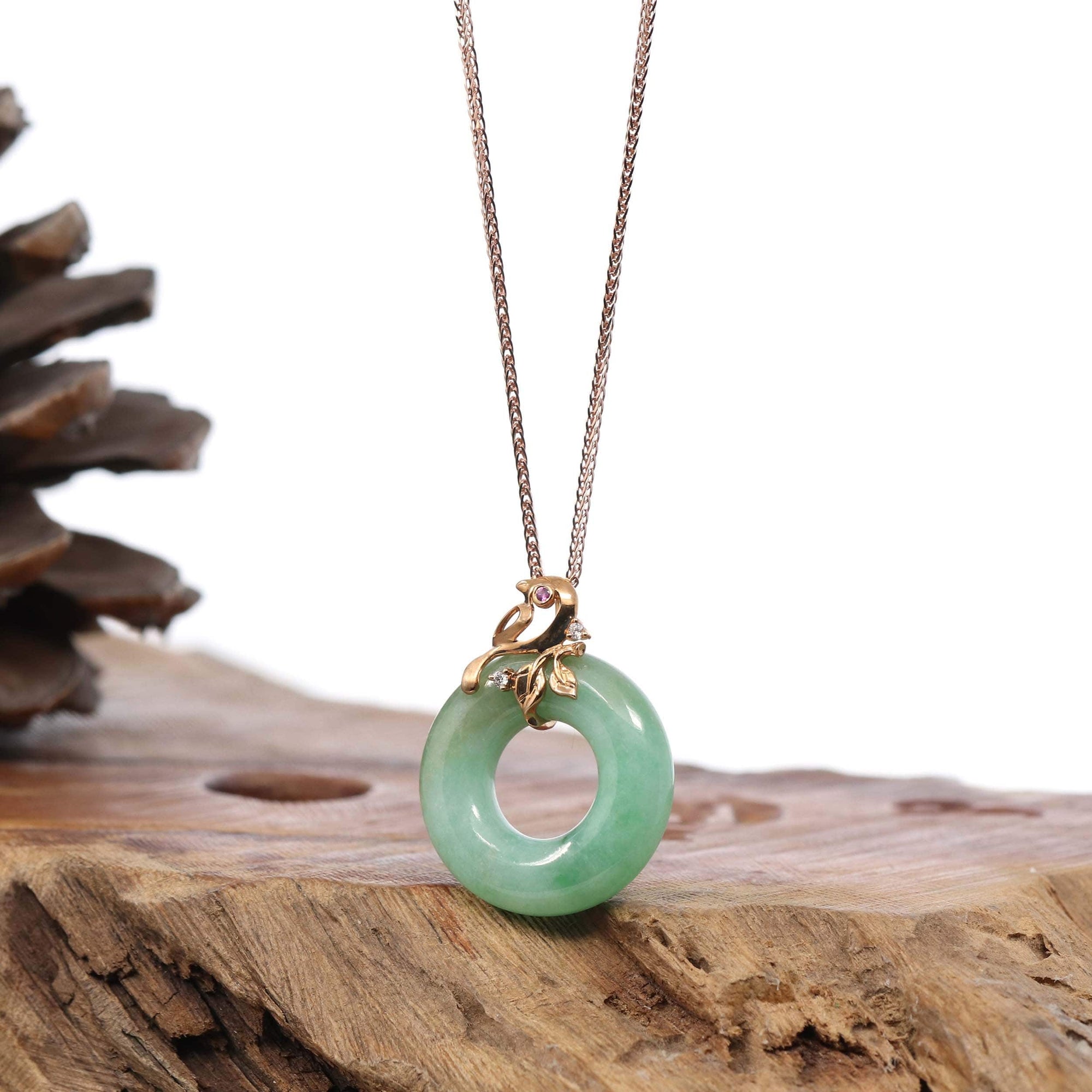 Baikalla Jewelry 18k Gold Jadeite Necklace 18k Rose Gold Genuine Burmese Jadeite Lucky Kou Kou Birdie Pendant Necklace