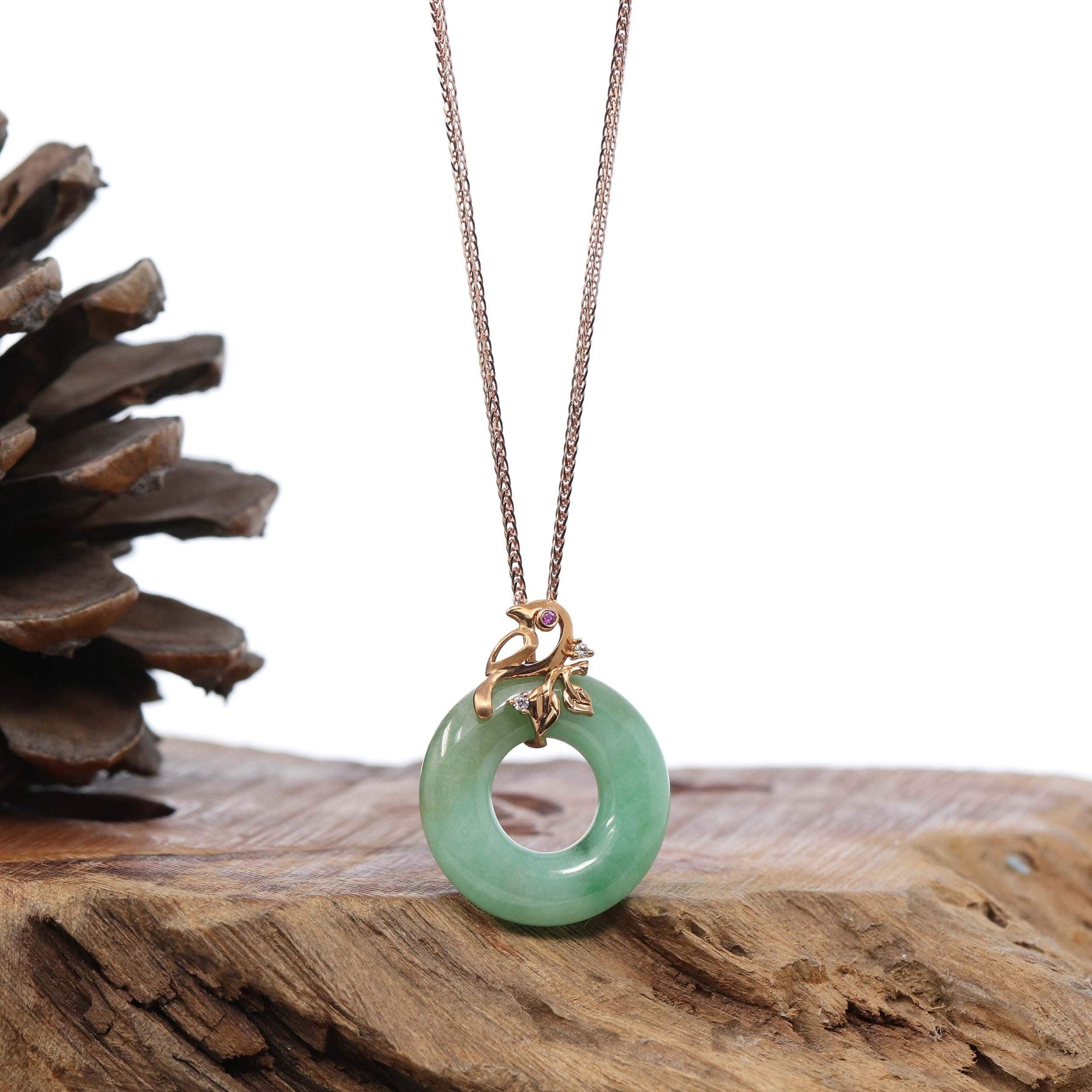 Baikalla Jewelry 18k Gold Jadeite Necklace 18k Rose Gold Genuine Burmese Jadeite Lucky Kou Kou Birdie Pendant Necklace