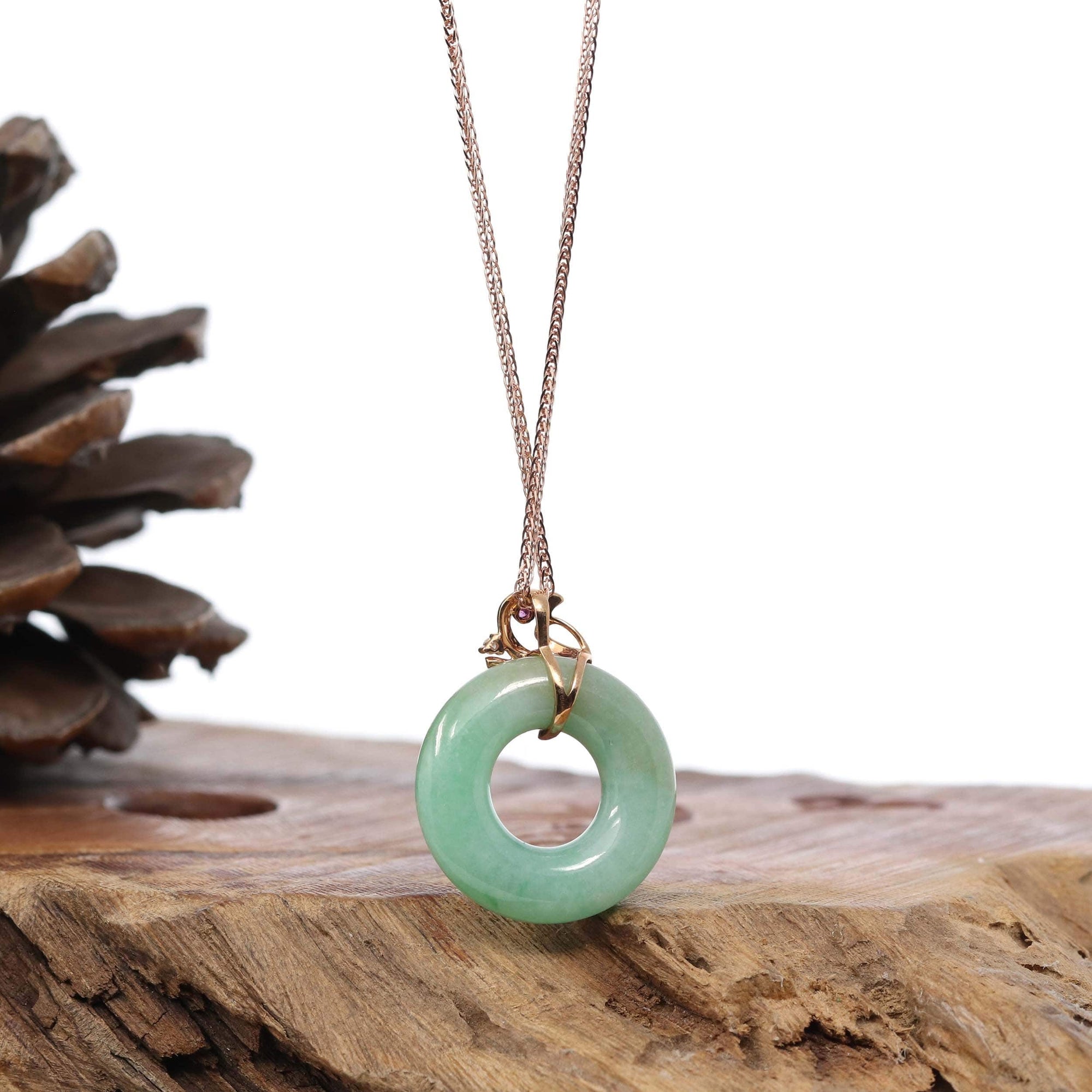 Baikalla Jewelry 18k Gold Jadeite Necklace 18k Rose Gold Genuine Burmese Jadeite Lucky Kou Kou Birdie Pendant Necklace