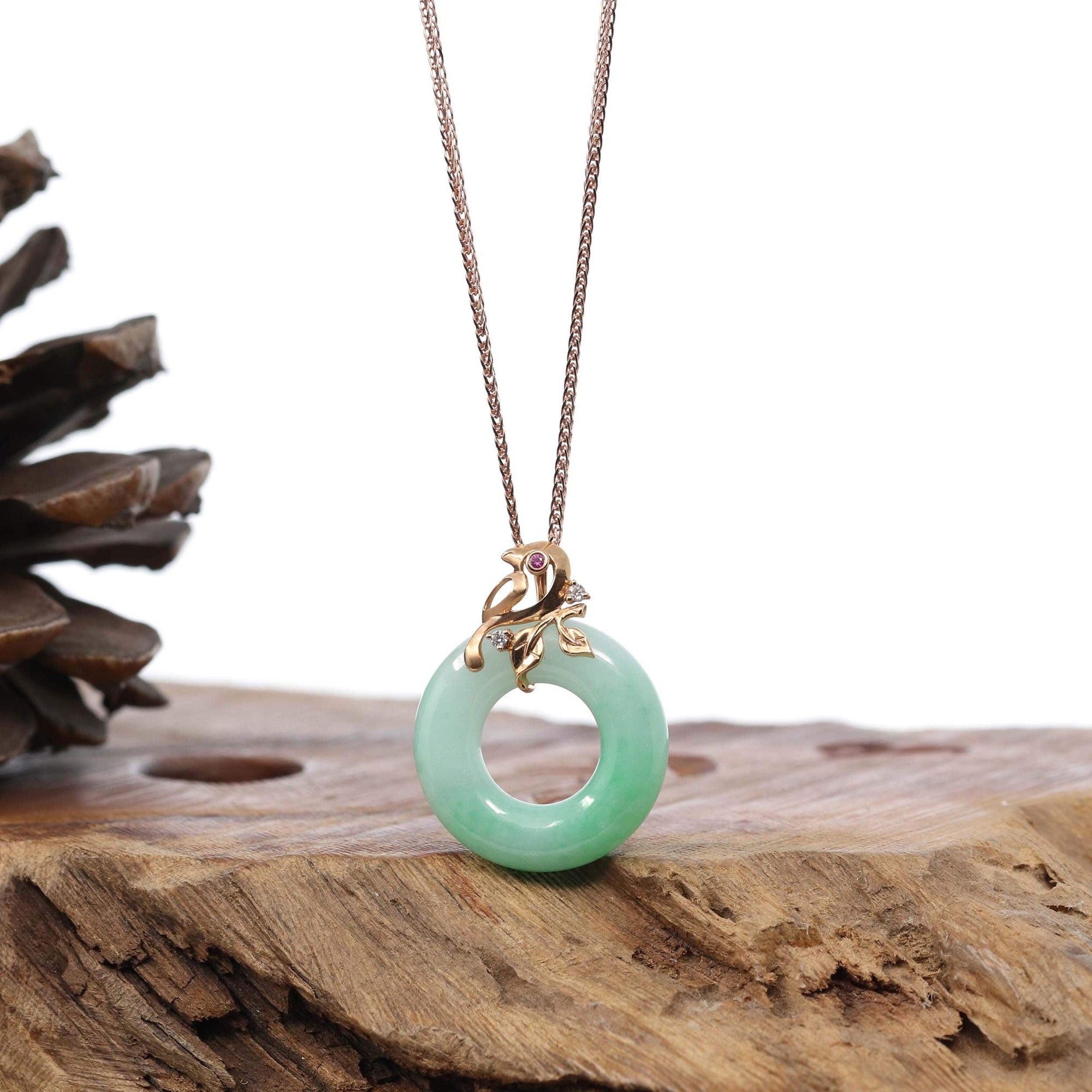 Baikalla Jewelry 18k Gold Jadeite Necklace 18k Rose Gold Genuine Burmese Jadeite Lucky Kou Kou Birdie Pendant Necklace