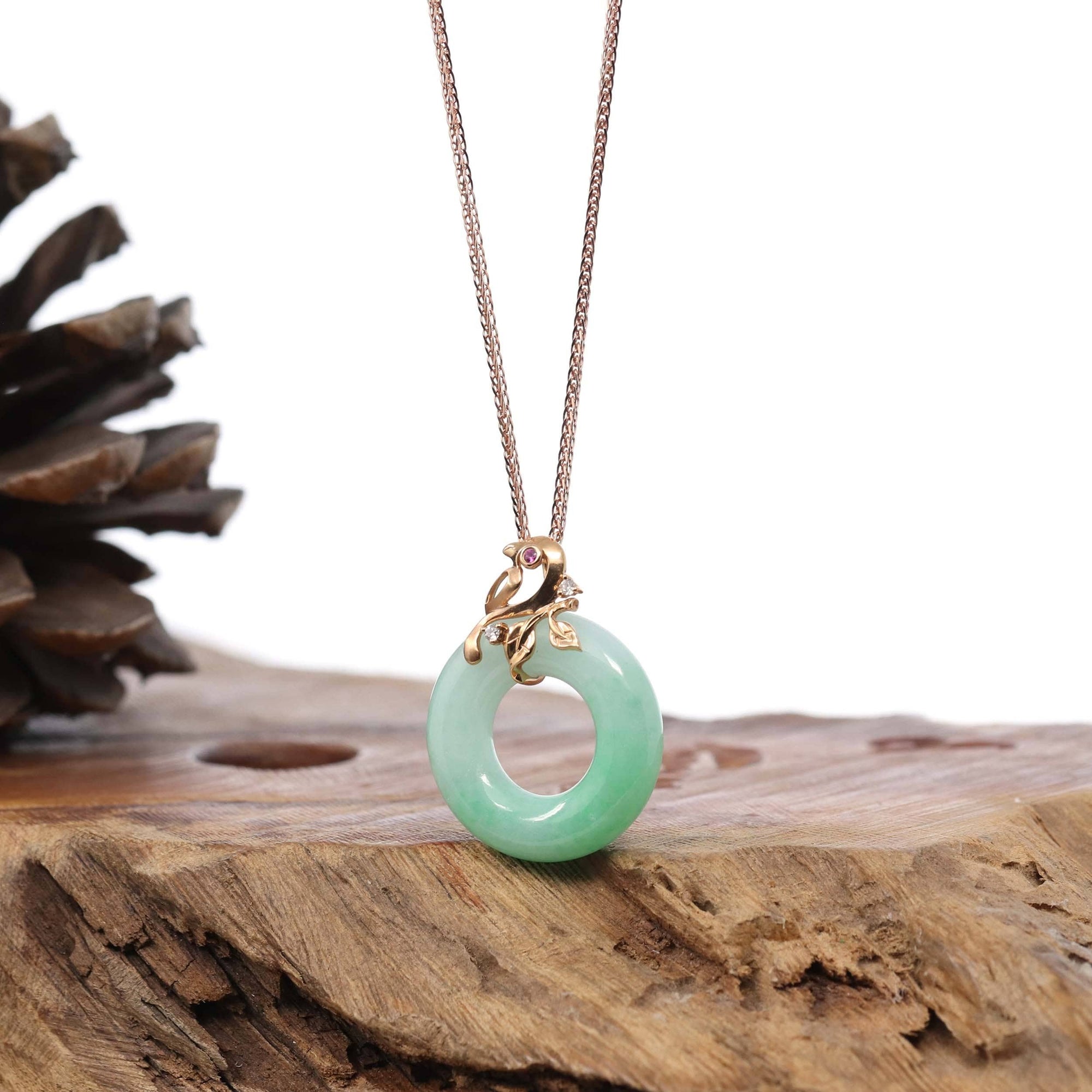 Baikalla Jewelry 18k Gold Jadeite Necklace 18k Rose Gold Genuine Burmese Jadeite Lucky Kou Kou Birdie Pendant Necklace