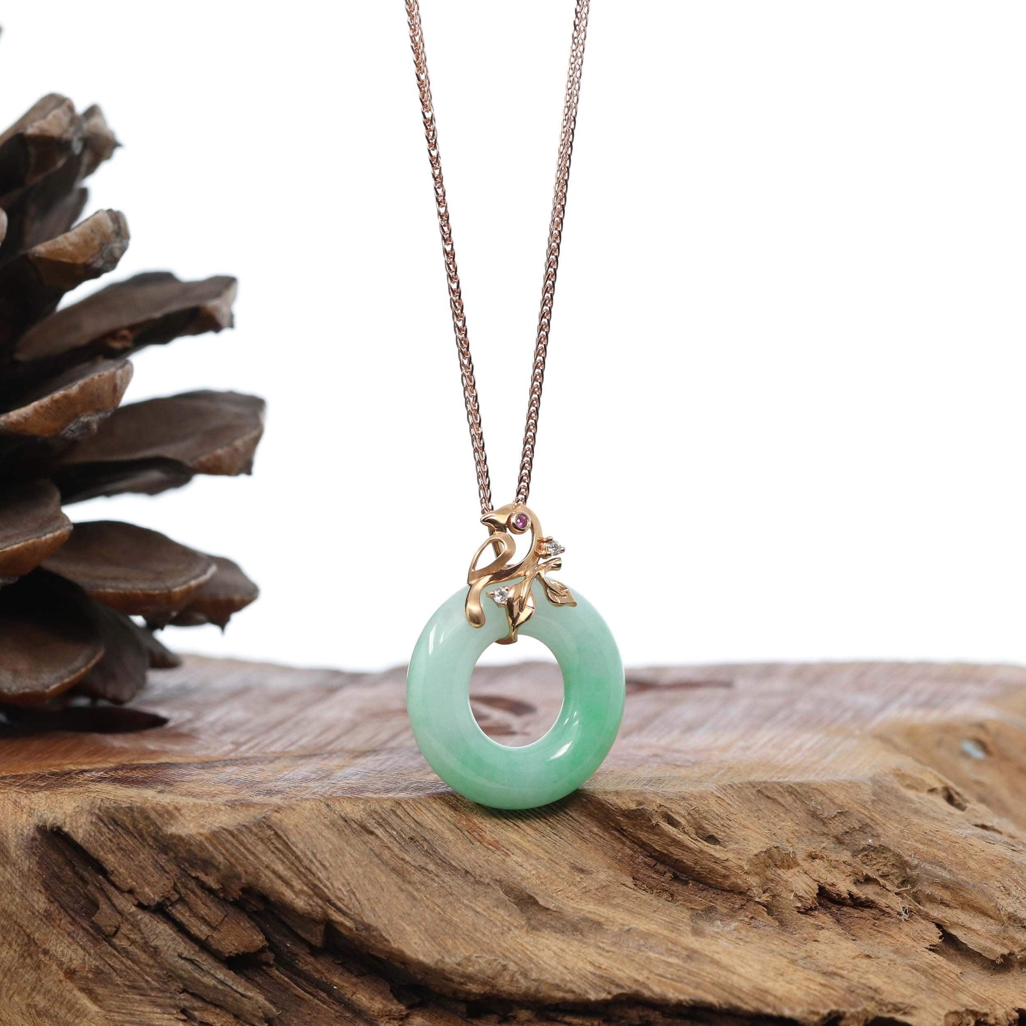 Baikalla Jewelry 18k Gold Jadeite Necklace 18k Rose Gold Genuine Burmese Jadeite Lucky Kou Kou Birdie Pendant Necklace