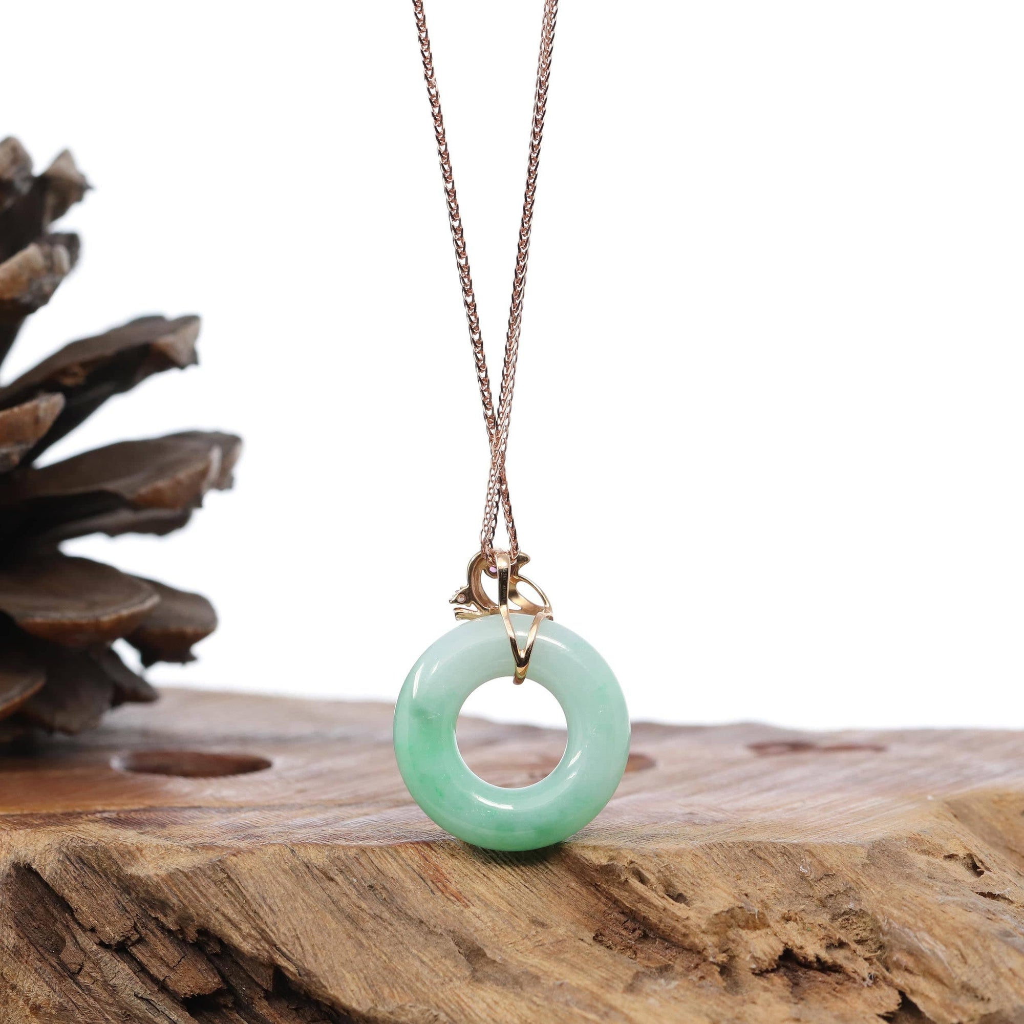 Baikalla Jewelry 18k Gold Jadeite Necklace 18k Rose Gold Genuine Burmese Jadeite Lucky Kou Kou Birdie Pendant Necklace