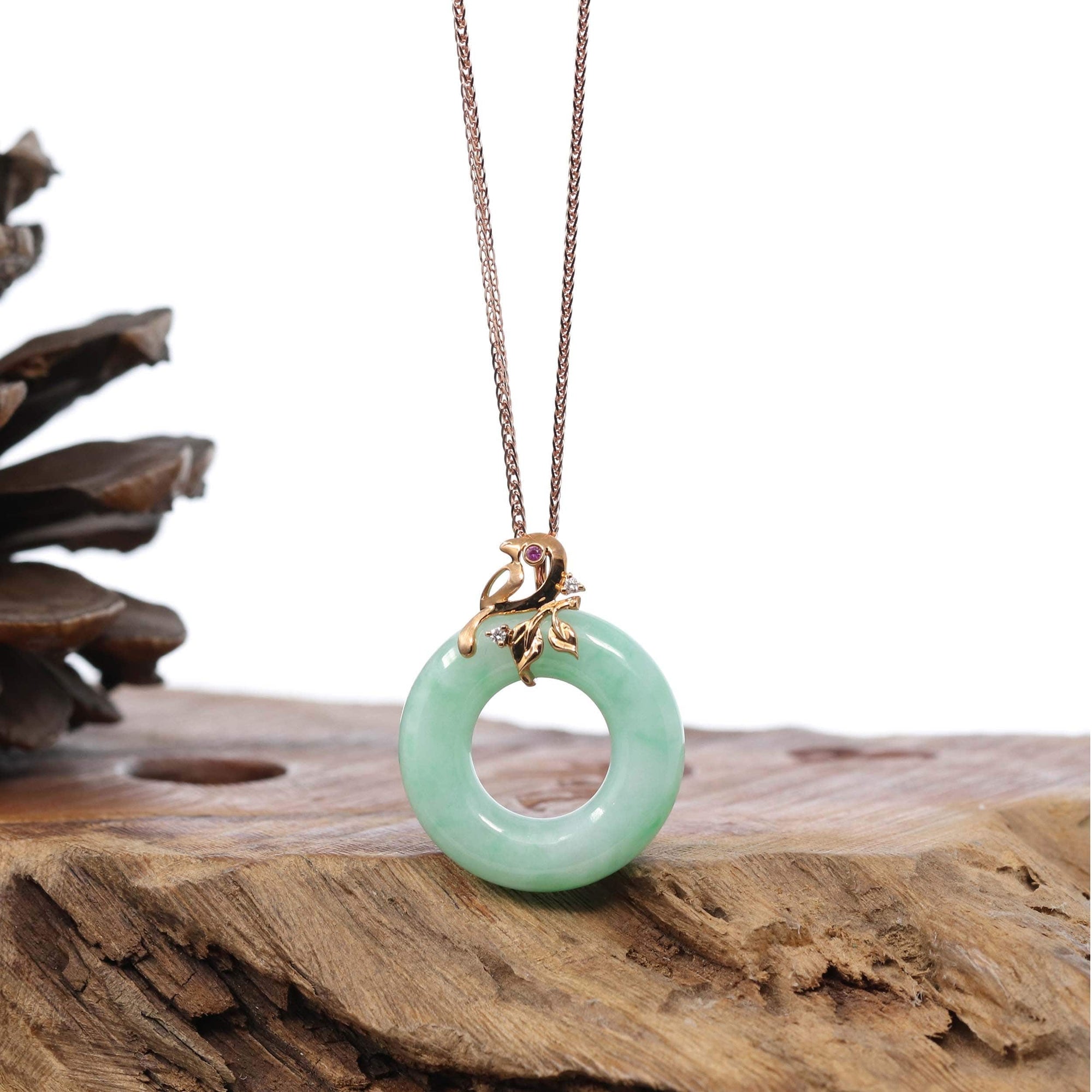 Baikalla Jewelry 18k Gold Jadeite Necklace 18k Rose Gold Genuine Burmese Jadeite Lucky Kou Kou Birdie Pendant Necklace