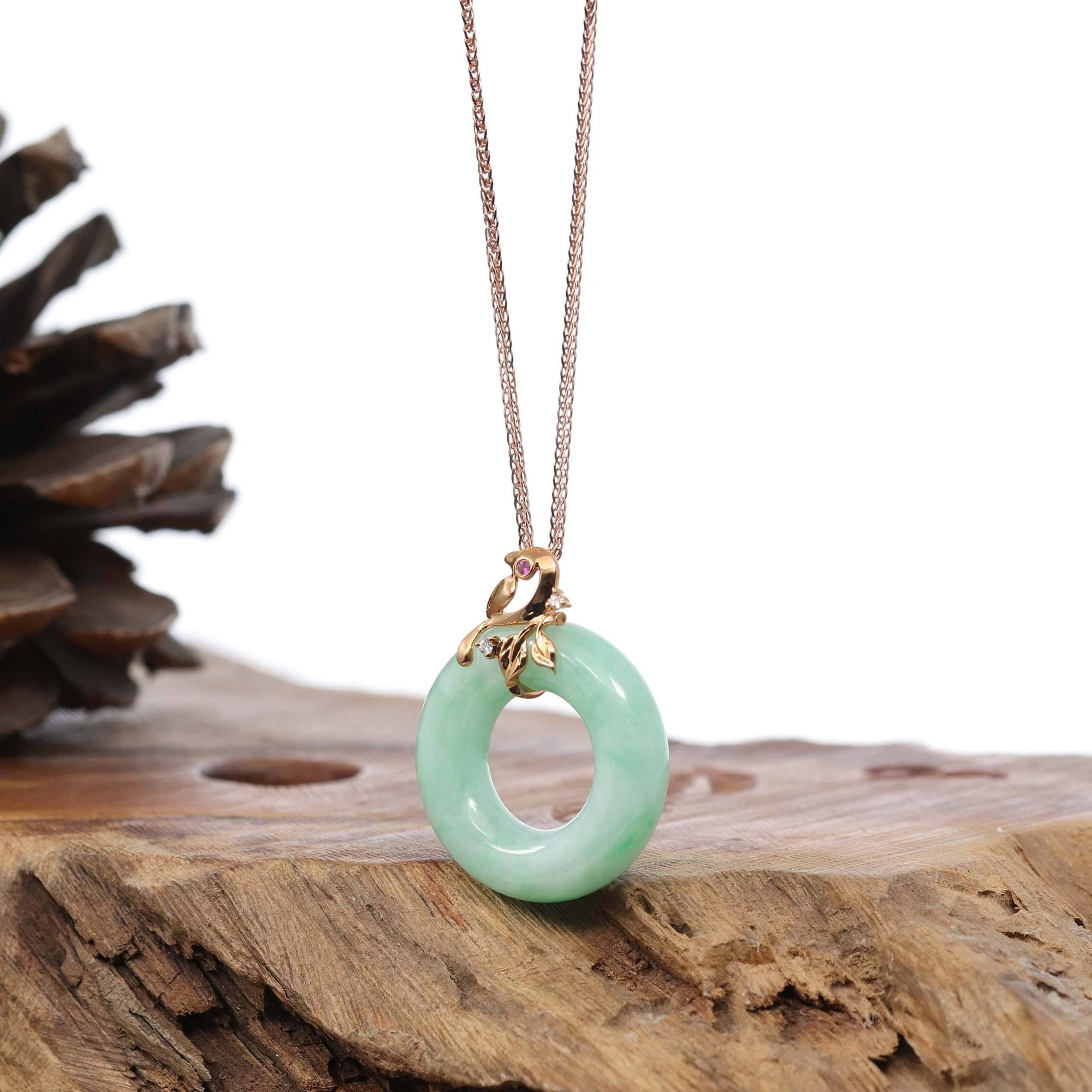 Baikalla Jewelry 18k Gold Jadeite Necklace 18k Rose Gold Genuine Burmese Jadeite Lucky Kou Kou Birdie Pendant Necklace