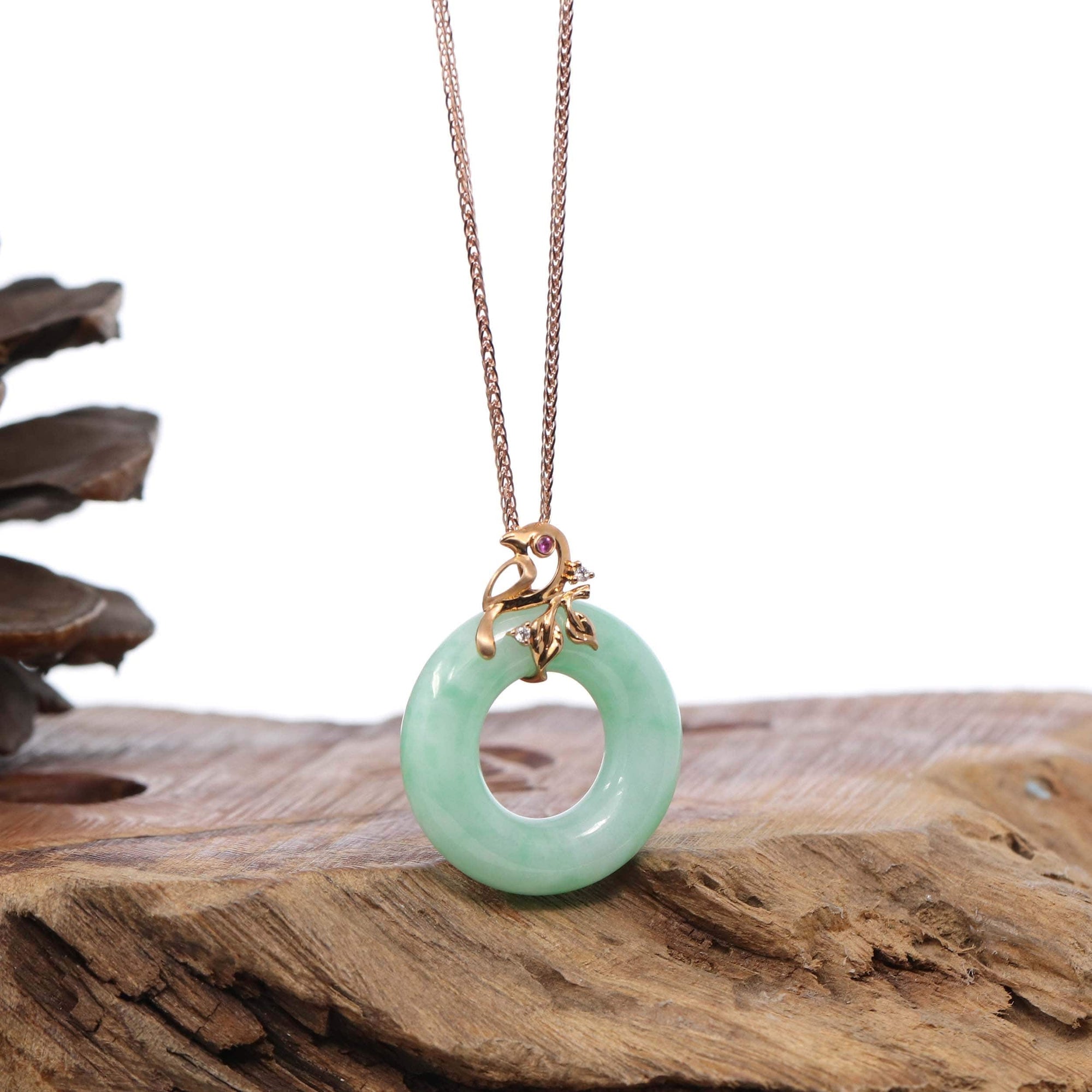 Baikalla Jewelry 18k Gold Jadeite Necklace 18k Rose Gold Genuine Burmese Jadeite Lucky Kou Kou Birdie Pendant Necklace