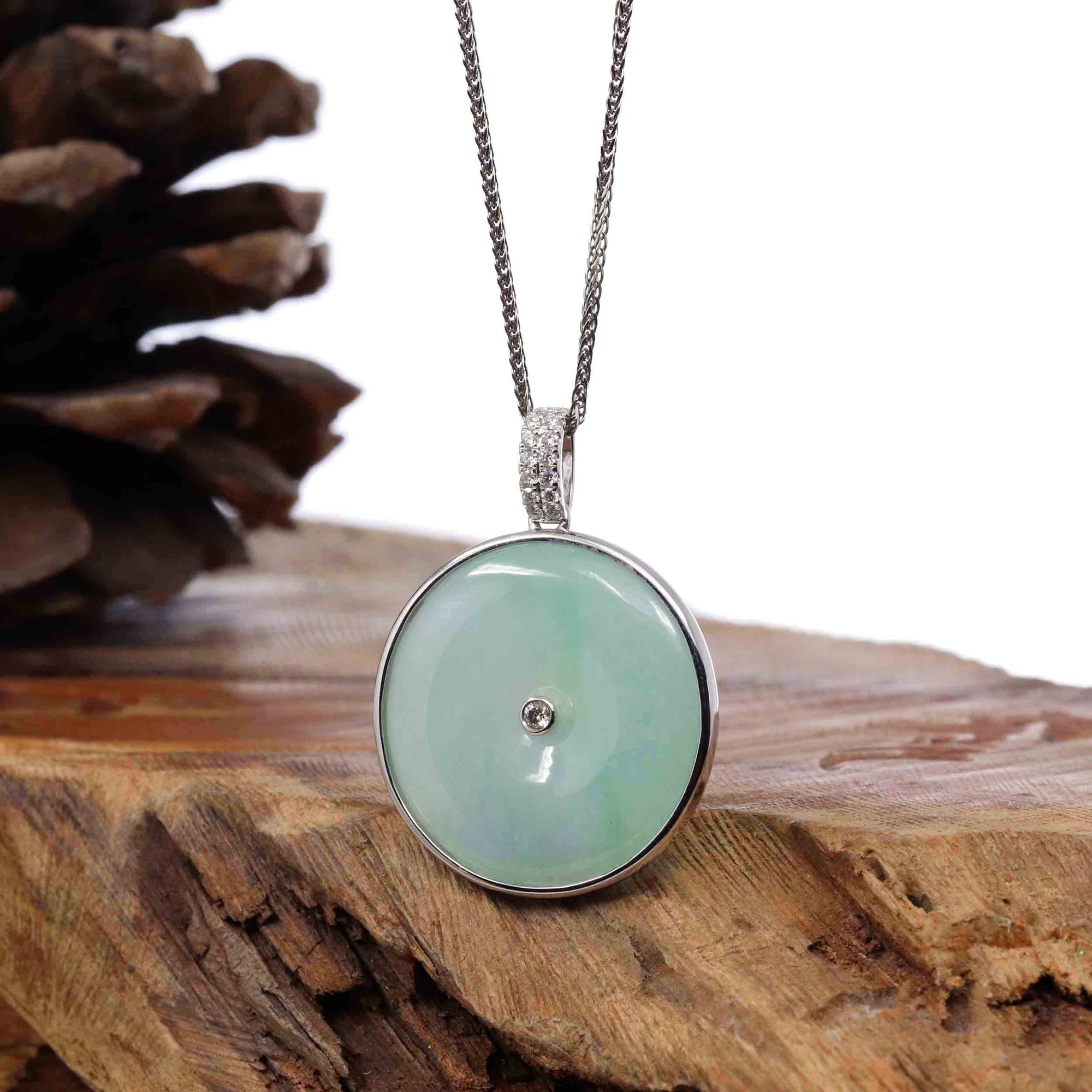 Baikalla Jewelry Gold Jadeite Jade Pendant Necklace 18K White Gold &quot;Good Luck Button&quot; Necklace Ice Green Jadeite Jade Pendant Necklace