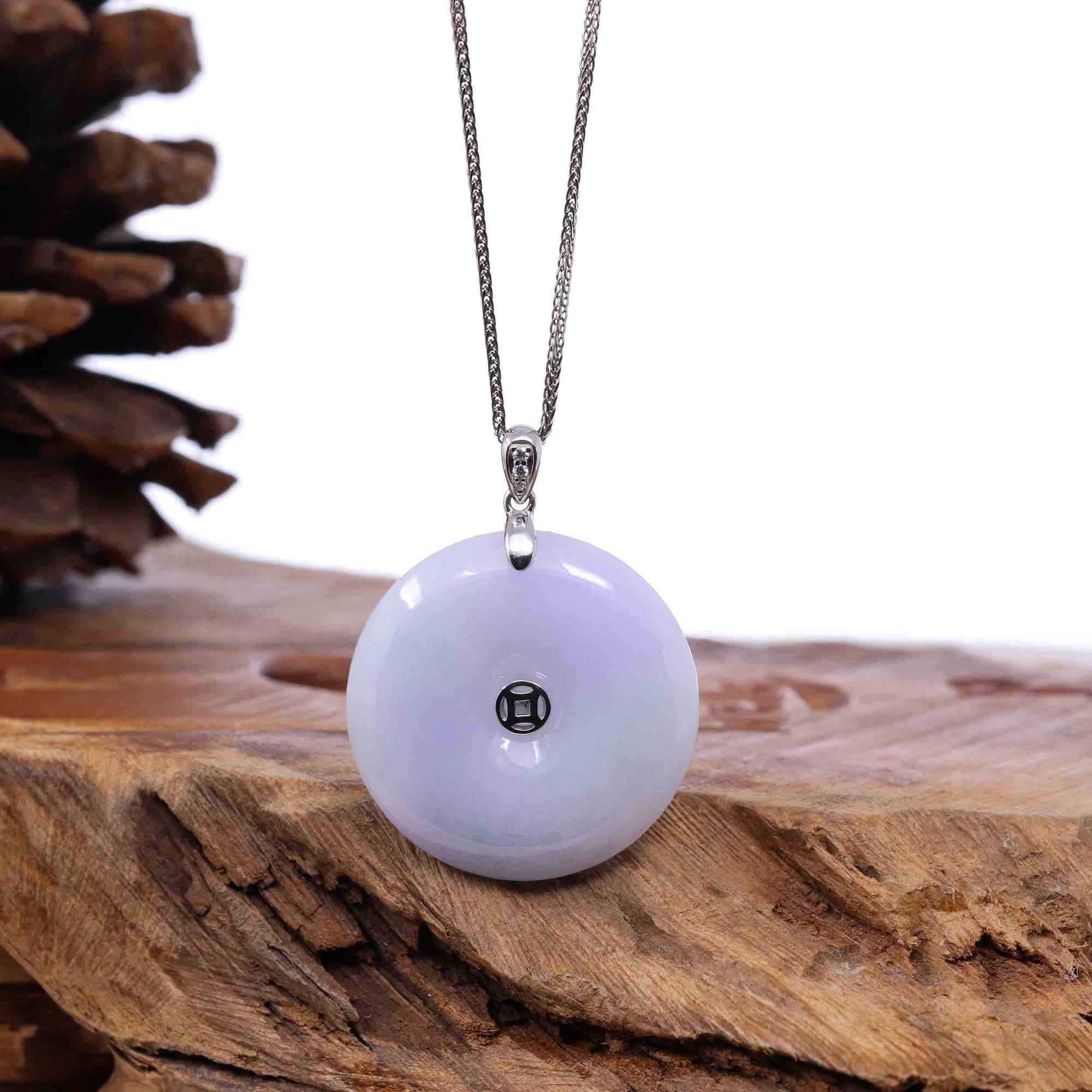 Baikalla Jewelry Gold Jadeite Jade Pendant Necklace Pendant Only "Good Luck Button" Lavender Jadeite Jade Lucky KouKou Pendant With 14K White Gold Bail