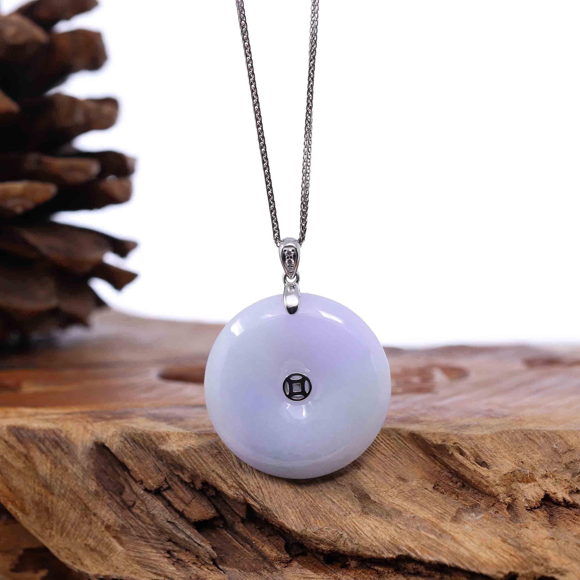 Baikalla Jewelry Gold Jadeite Jade Pendant Necklace "Good Luck Button" Lavender Jadeite Jade Lucky KouKou Pendant With 14K White Gold Bail