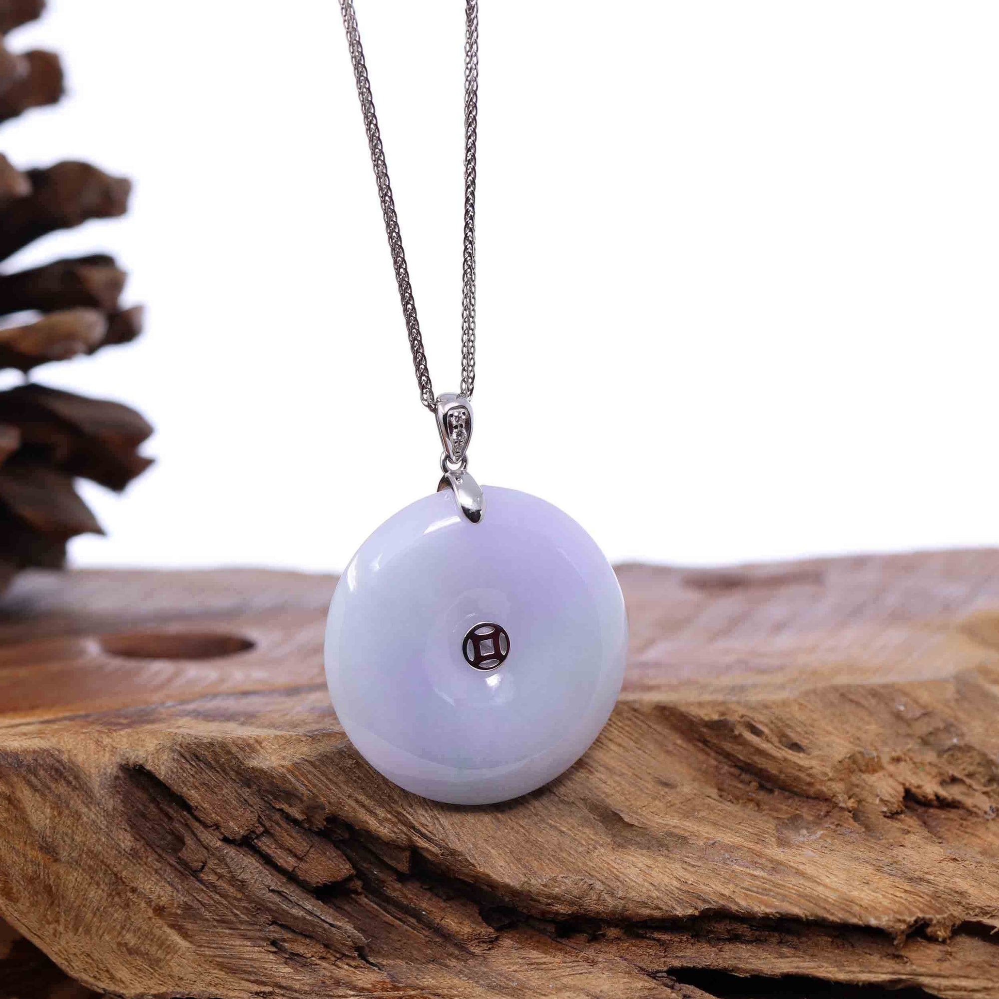 Baikalla Jewelry Gold Jadeite Jade Pendant Necklace "Good Luck Button" Lavender Jadeite Jade Lucky KouKou Pendant With 14K White Gold Bail