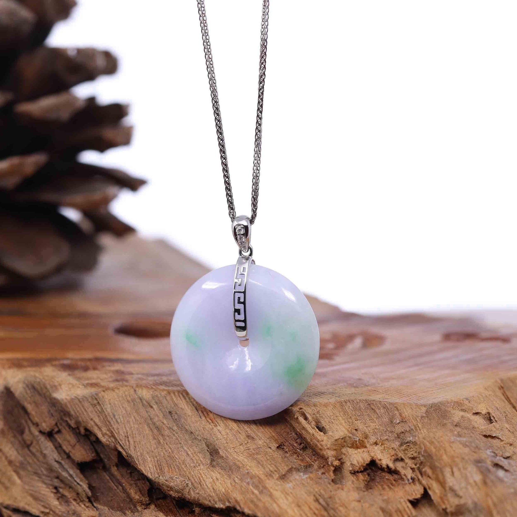 Baikalla Jewelry Gold Jadeite Jade Pendant Necklace "Good Luck Button" Lavender Jadeite Jade Lucky KouKou Pendant With 14K White Gold Bail