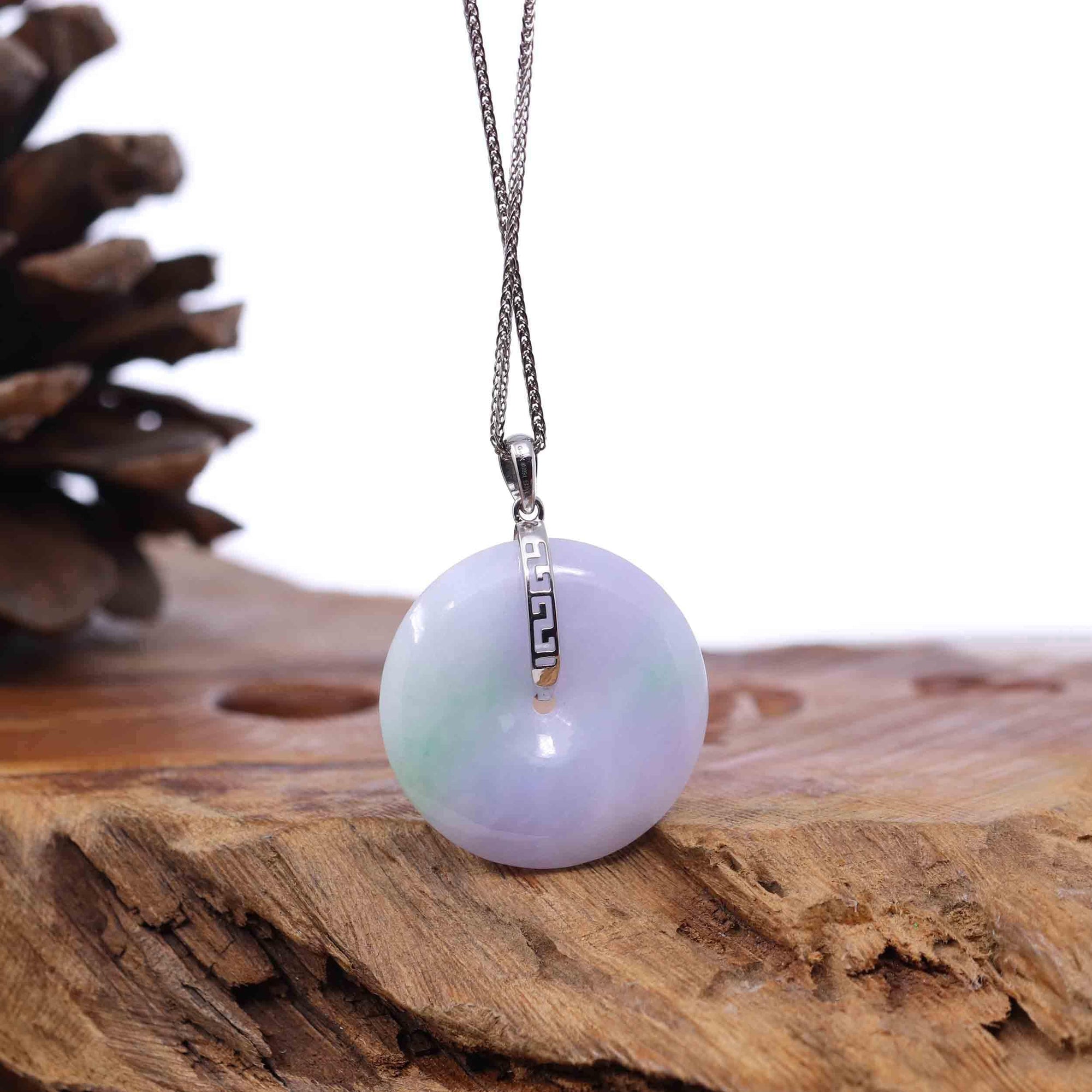 Baikalla Jewelry Gold Jadeite Jade Pendant Necklace "Good Luck Button" Lavender Jadeite Jade Lucky KouKou Pendant With 14K White Gold Bail