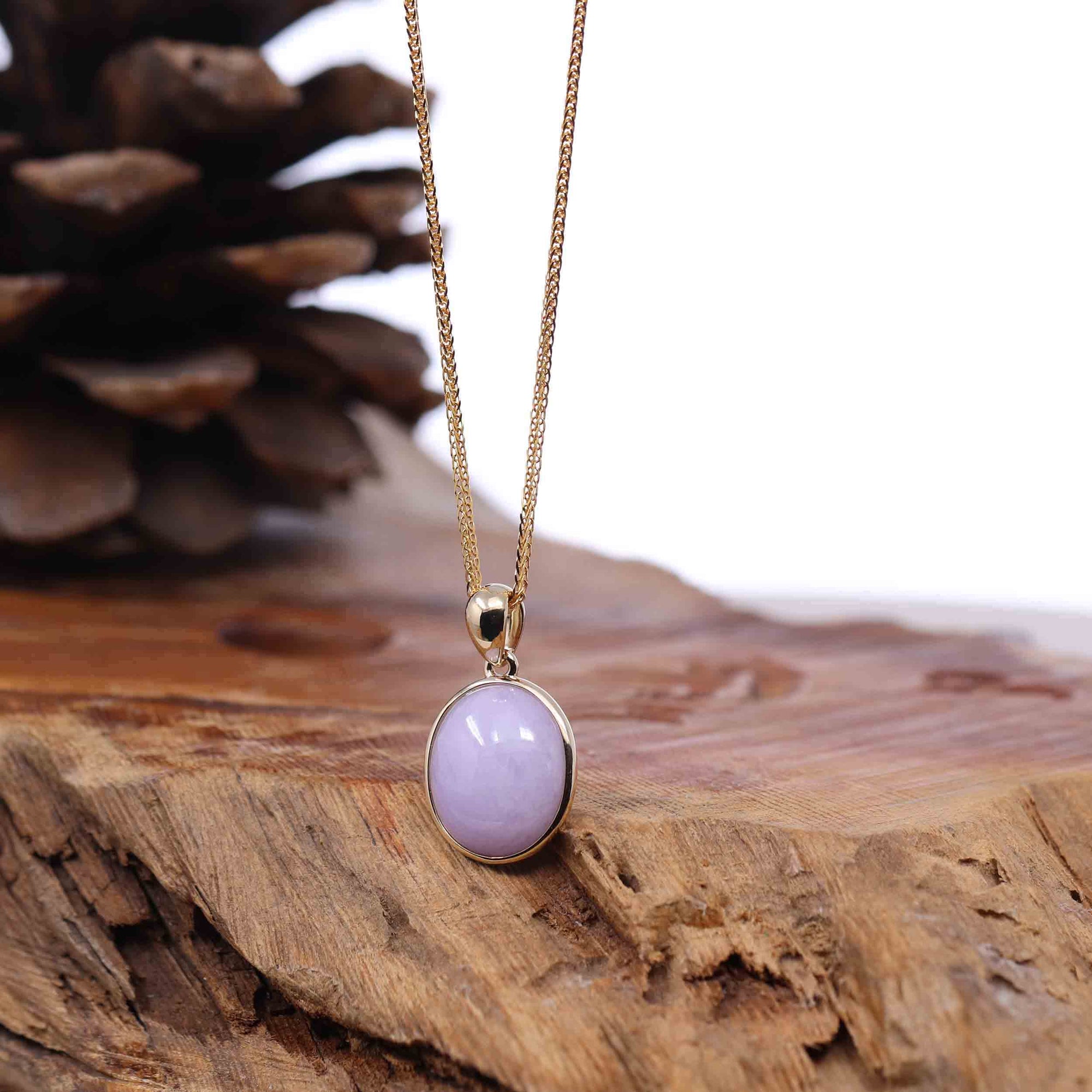 Baikalla Jewelry Lavender Jadeite Necklace 14K Gold Natural Lavender Burmese Jadeite Cabochon Necklace