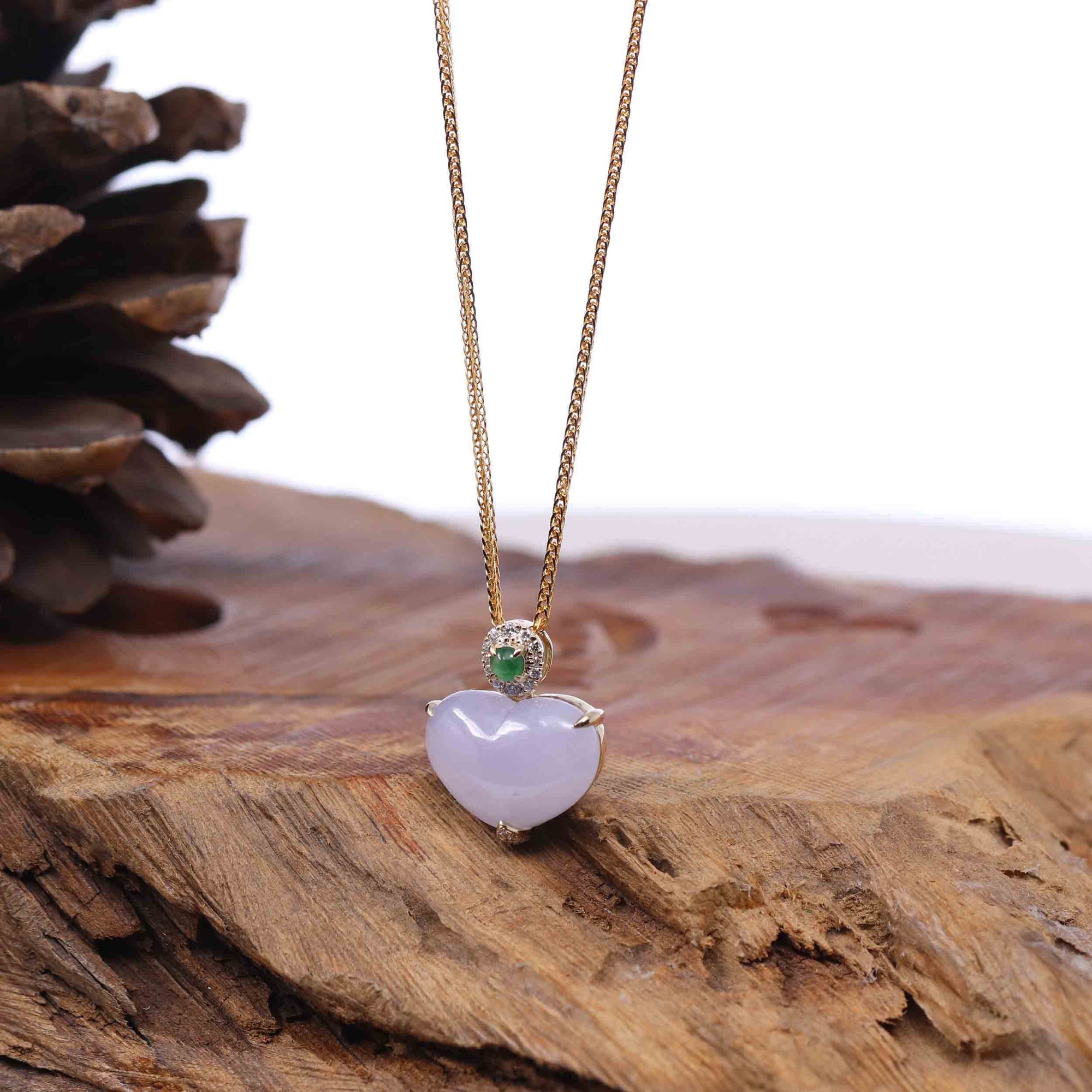 Baikalla Jewelry 18k Gold Jadeite Necklace Baikalla 14K Gold Genuine Burmese Jadeite Jade Heart Pendant with Diamonds