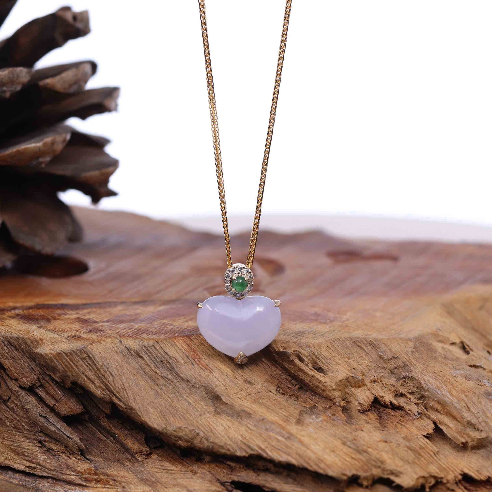 Baikalla Jewelry 18k Gold Jadeite Necklace Baikalla 14K Gold Genuine Burmese Jadeite Jade Heart Pendant with Diamonds