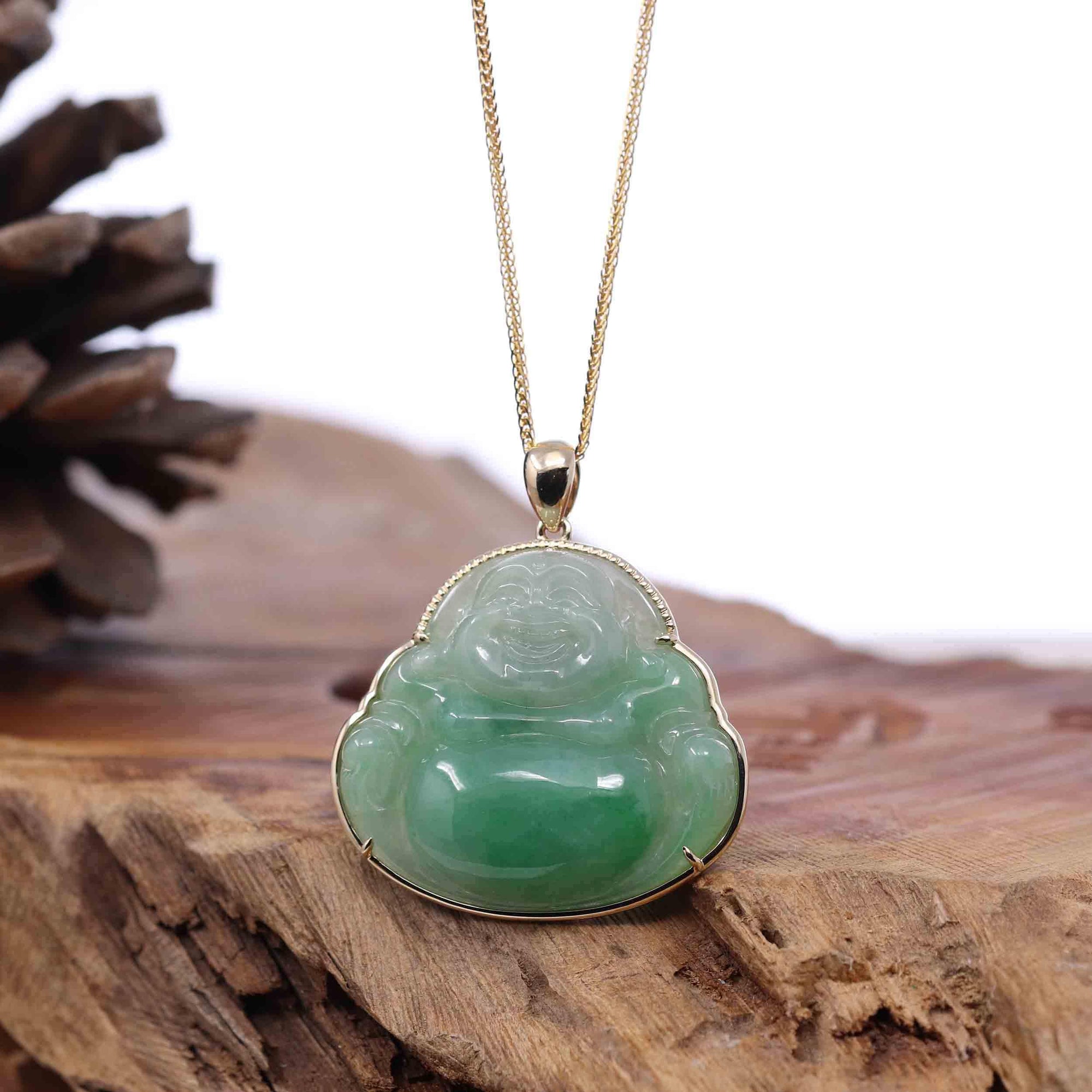 Baikalla Jewelry Gold Jadeite Jade Pendant Necklace Pendant Only Natural Burmese Jadeite Jade Happy Buddha With 14k Yellow Bail