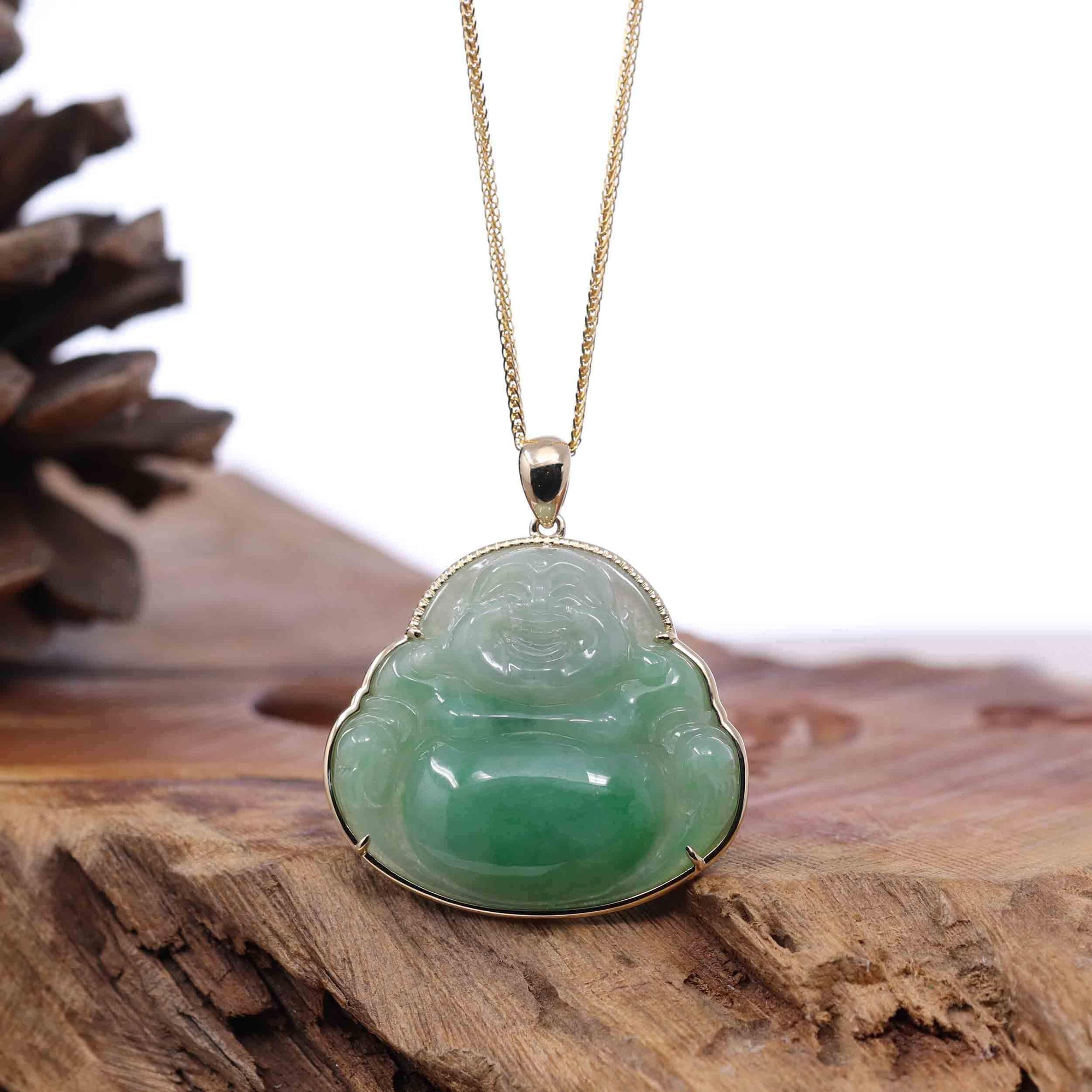 Baikalla Jewelry Gold Jadeite Jade Pendant Necklace Natural Burmese Jadeite Jade Happy Buddha With 14k Yellow Bail