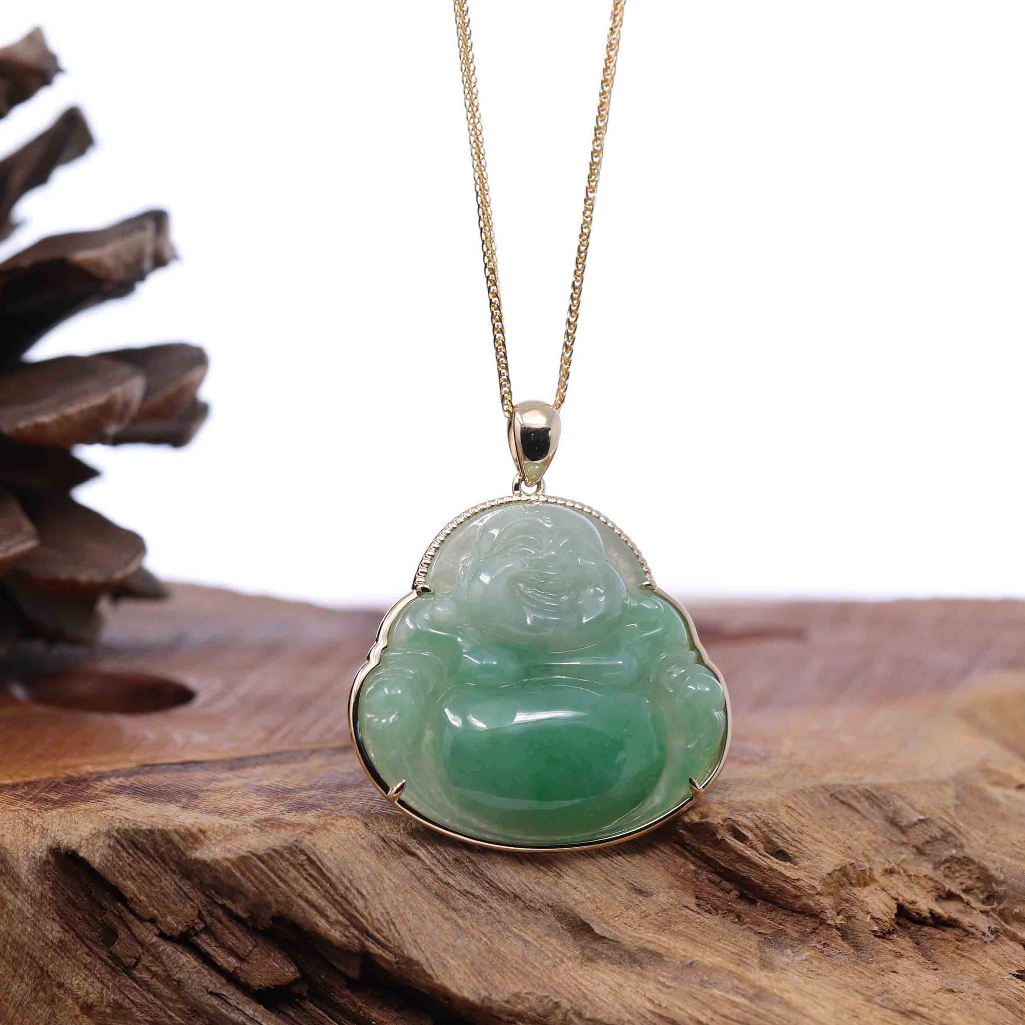 Baikalla Jewelry Gold Jadeite Jade Pendant Necklace Natural Burmese Jadeite Jade Happy Buddha With 14k Yellow Bail