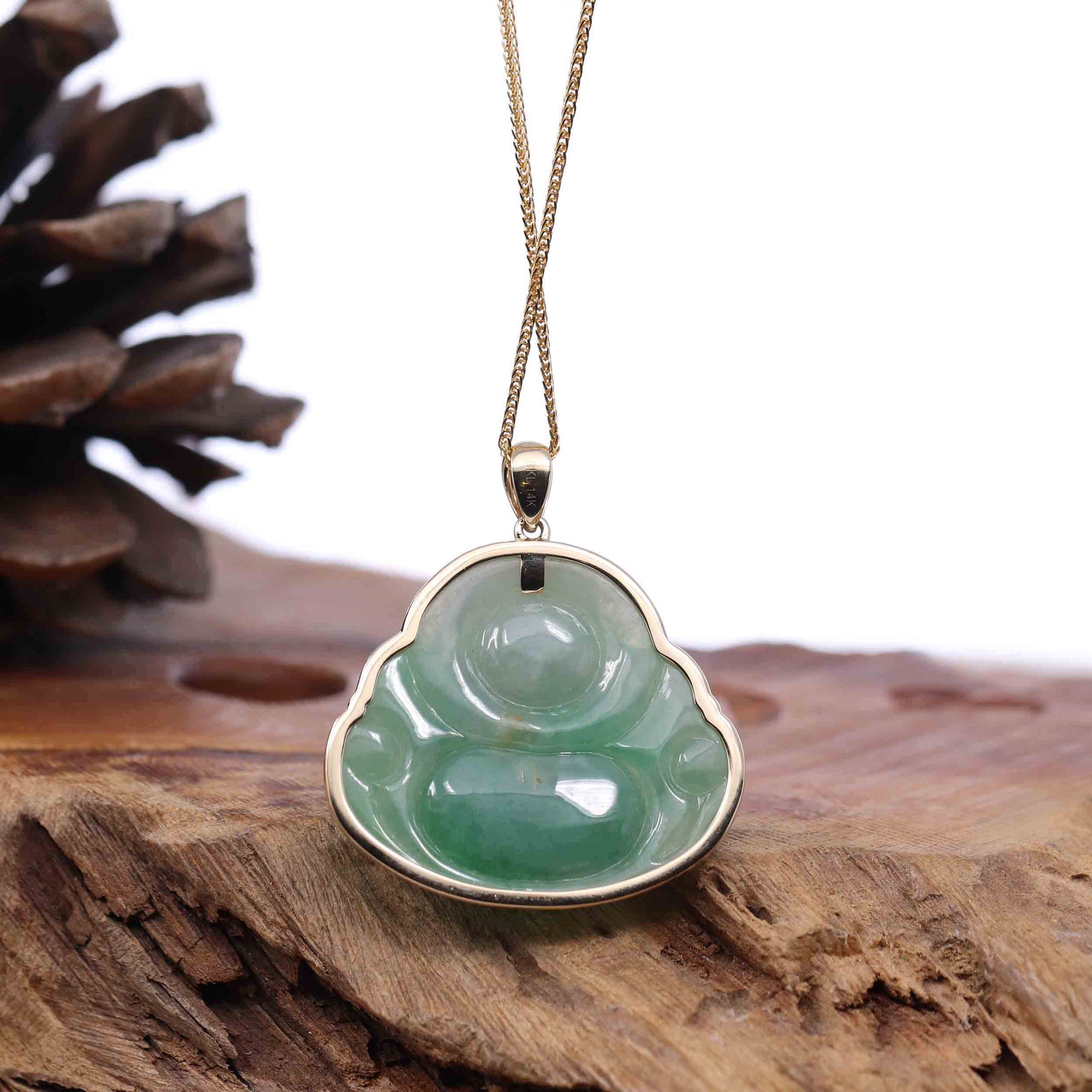 Baikalla Jewelry Gold Jadeite Jade Pendant Necklace Natural Burmese Jadeite Jade Happy Buddha With 14k Yellow Bail