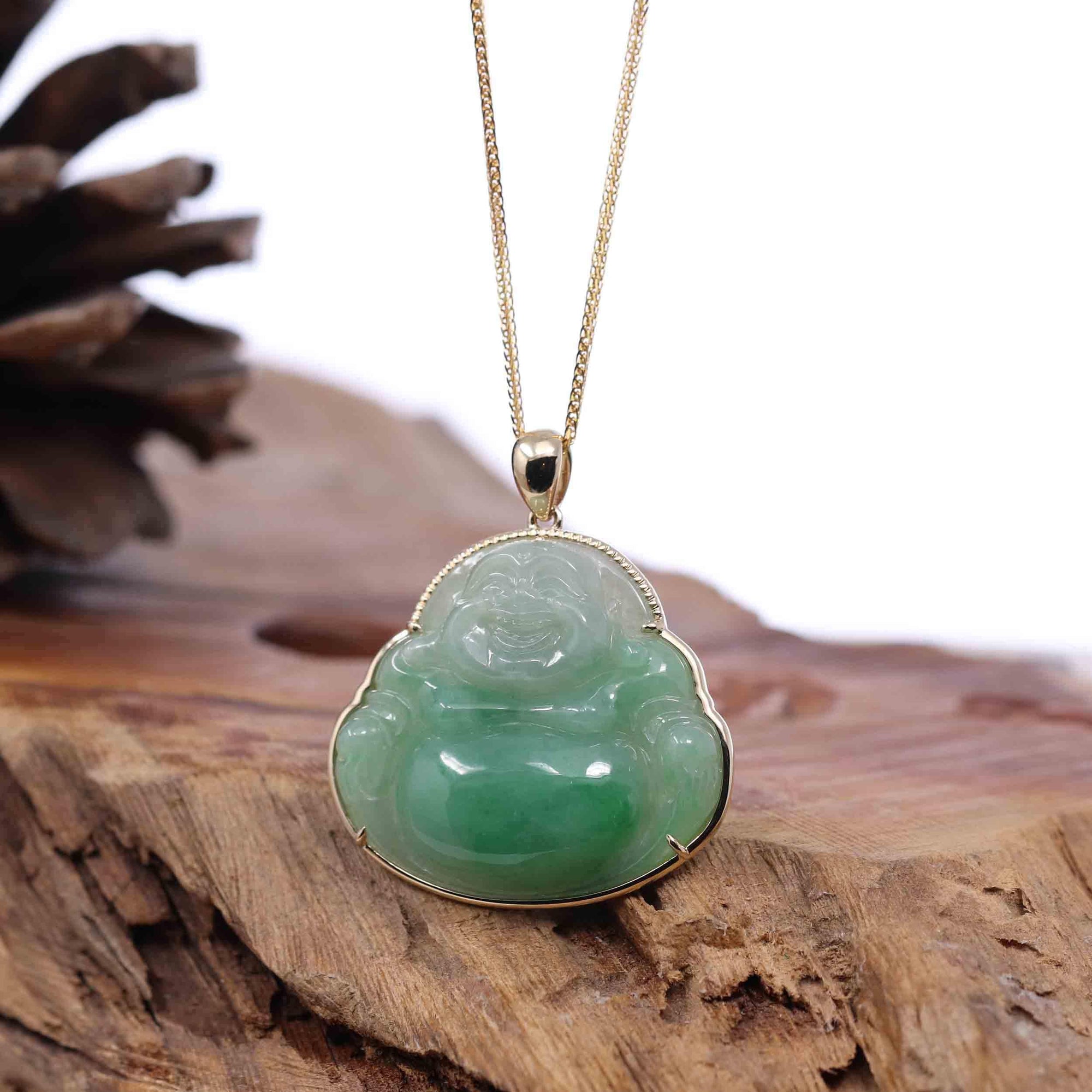 Baikalla Jewelry Gold Jadeite Jade Pendant Necklace Natural Burmese Jadeite Jade Happy Buddha With 14k Yellow Bail