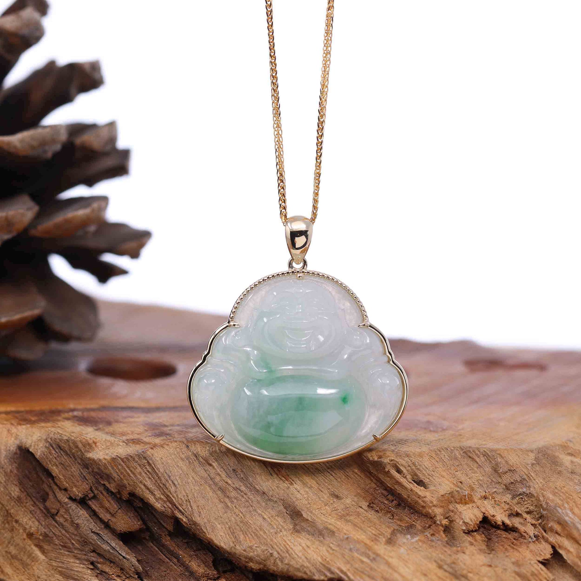 Baikalla Jewelry Gold Jadeite Jade Pendant Necklace Pendant Only Natural Burmese Jadeite Jade Happy Buddha With 14k Yellow Bail