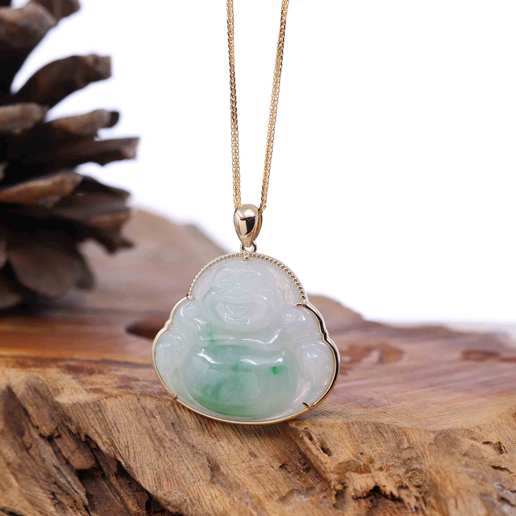 Baikalla Jewelry Gold Jadeite Jade Pendant Necklace Natural Burmese Jadeite Jade Happy Buddha With 14k Yellow Bail