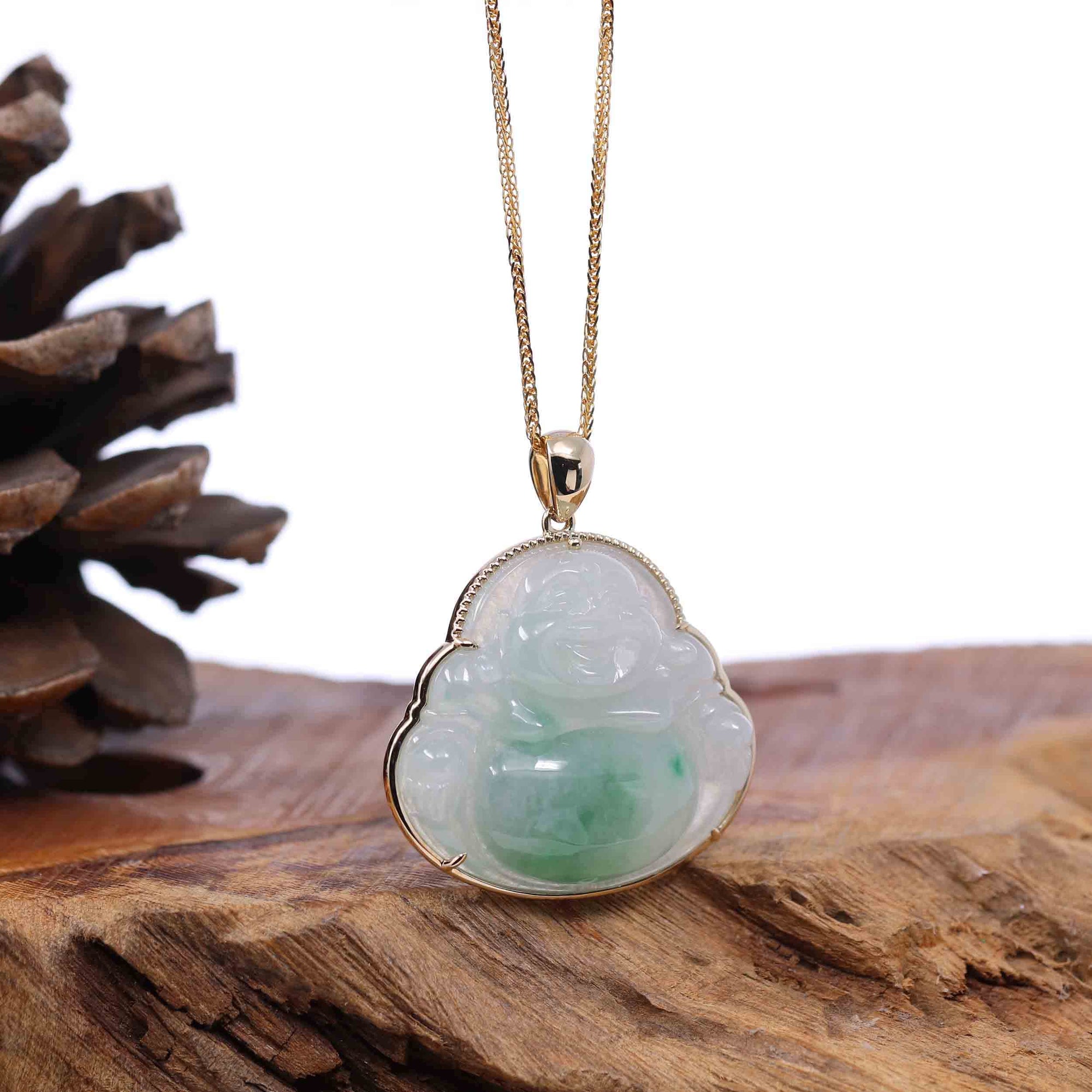 Baikalla Jewelry Gold Jadeite Jade Pendant Necklace Natural Burmese Jadeite Jade Happy Buddha With 14k Yellow Bail