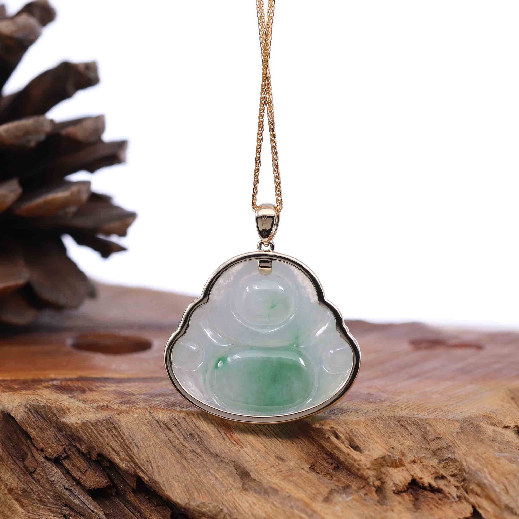 Baikalla Jewelry Gold Jadeite Jade Pendant Necklace Natural Burmese Jadeite Jade Happy Buddha With 14k Yellow Bail