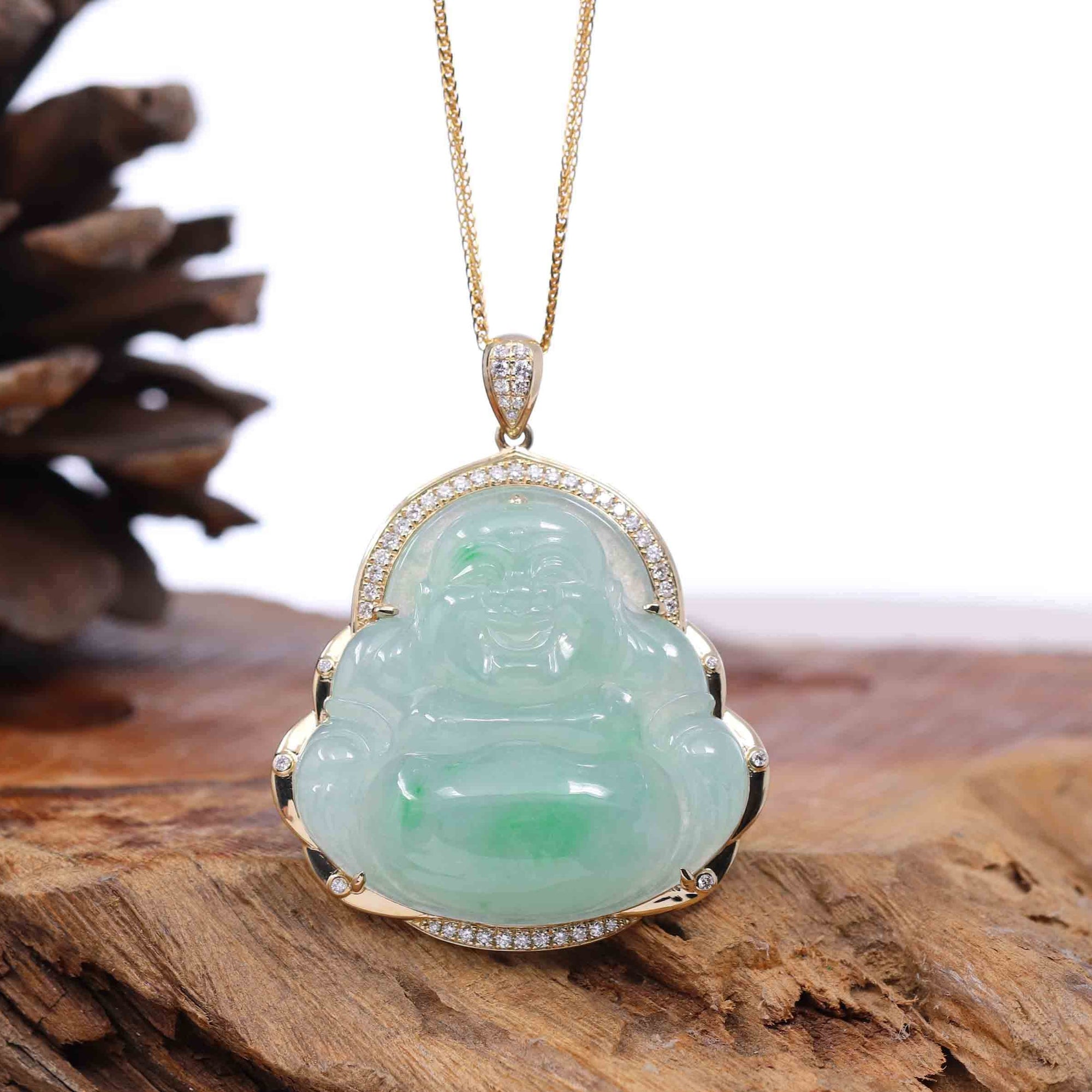 Baikalla Jewelry Gold Jade Buddha Pendant Only Baikalla &quot;Laughing Buddha&quot; 14k Gold Genuine Green Jadeite Jade with VS1 Diamonds