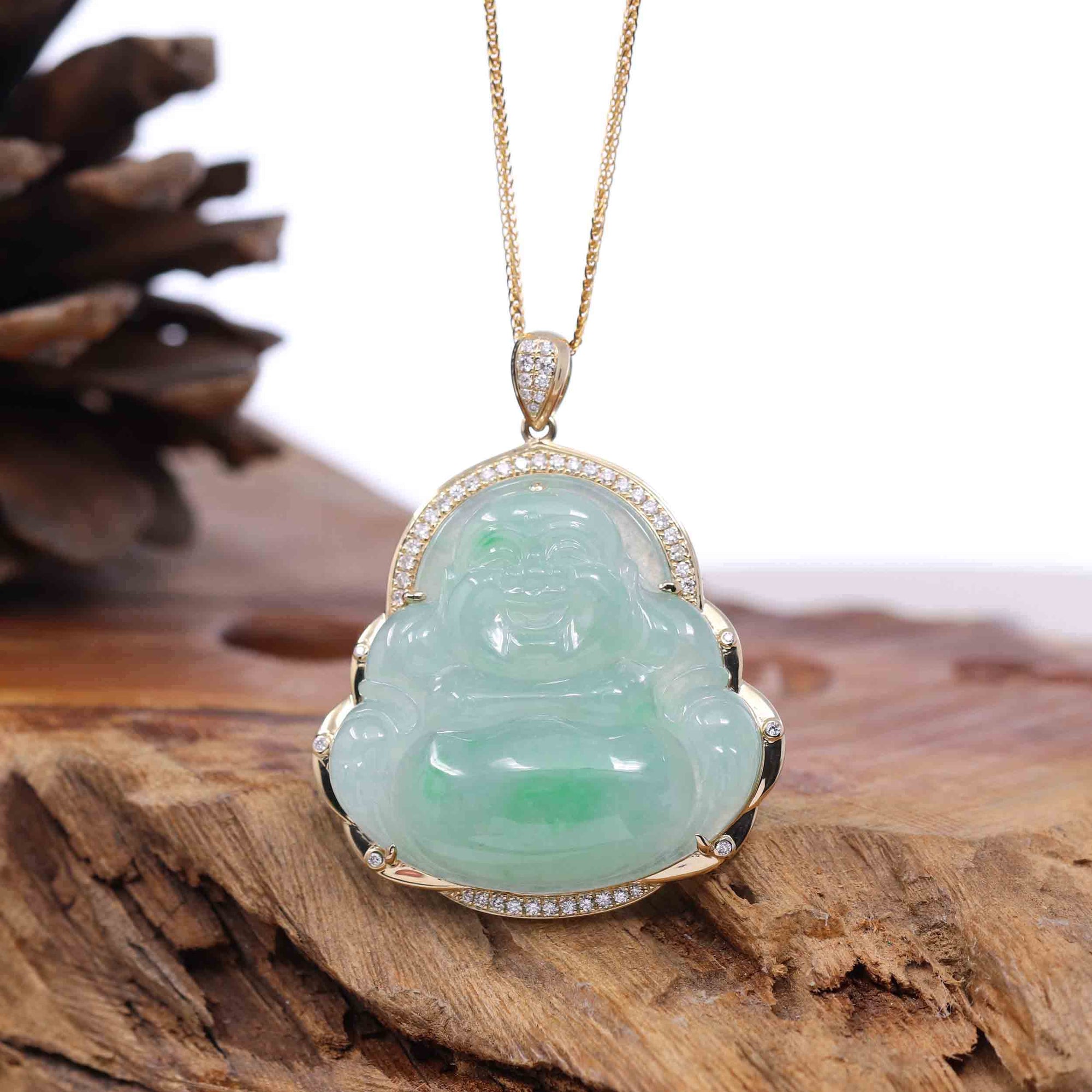 Baikalla Jewelry Gold Jade Buddha Baikalla "Laughing Buddha" 14k Gold Genuine Green Jadeite Jade with VS1 Diamonds