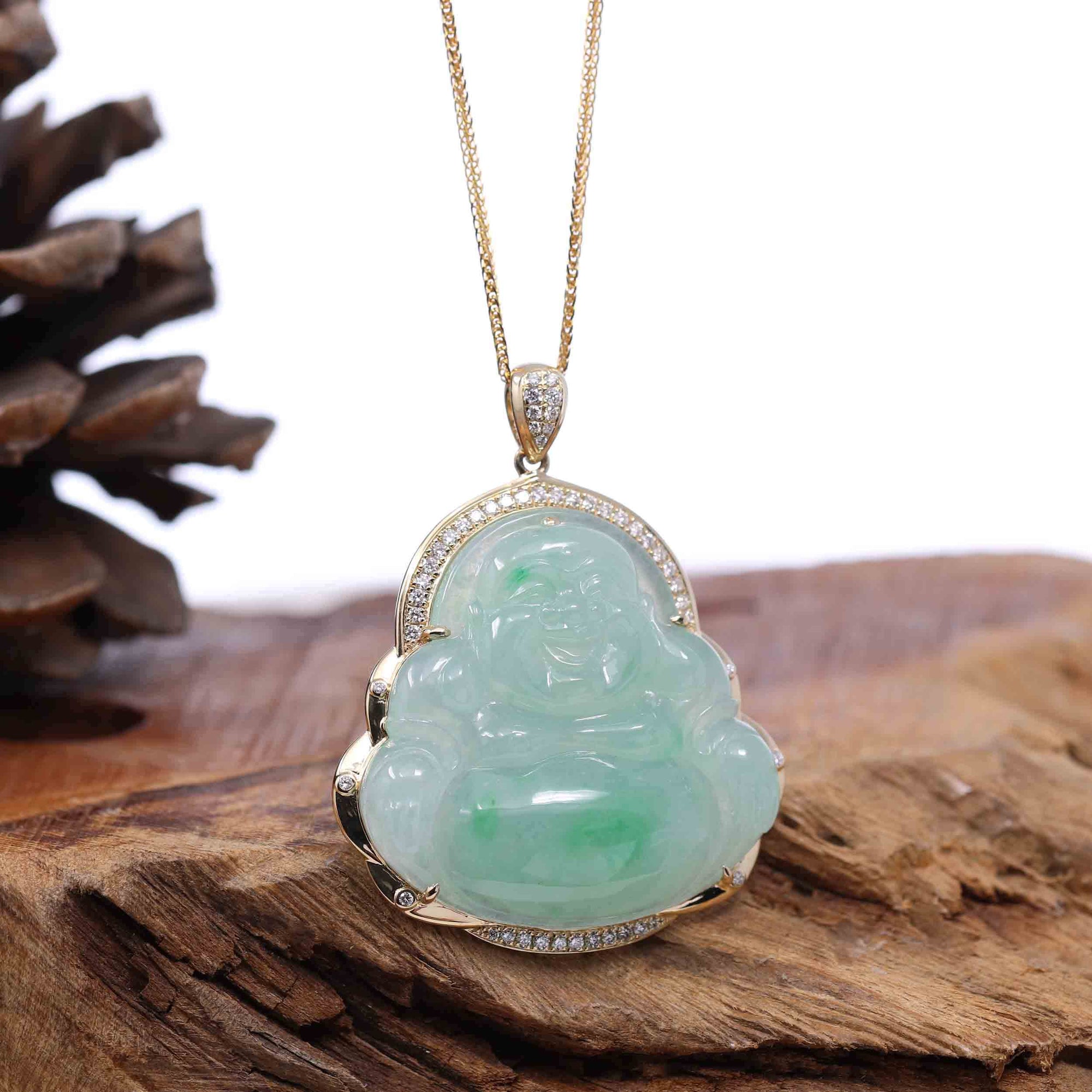 Baikalla Jewelry Gold Jade Buddha Baikalla &quot;Laughing Buddha&quot; 14k Gold Genuine Green Jadeite Jade with VS1 Diamonds