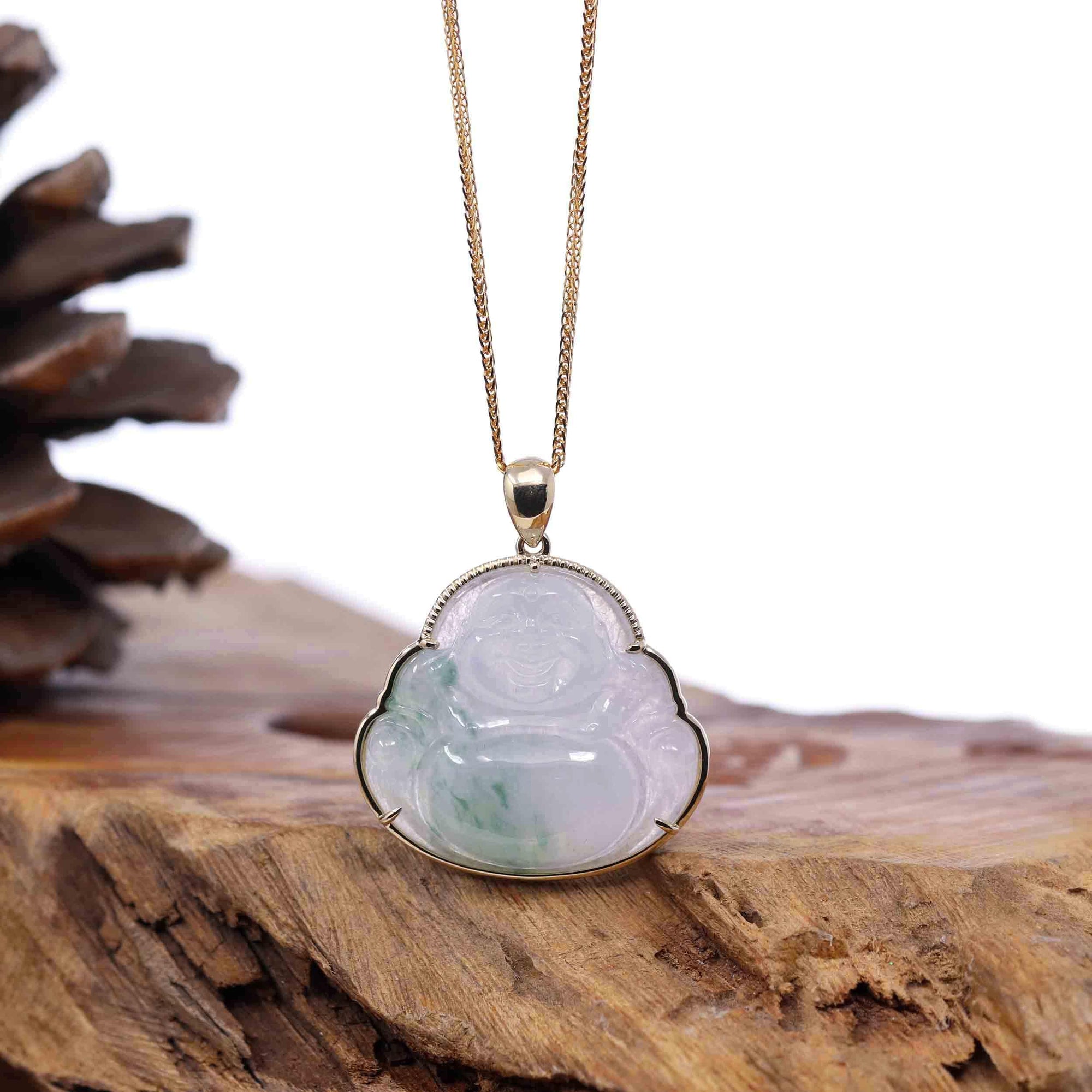 Baikalla Jewelry Gold Jadeite Jade Pendant Necklace Pendant Only Natural Burmese Jadeite Jade Happy Buddha With 14k Yellow Bail